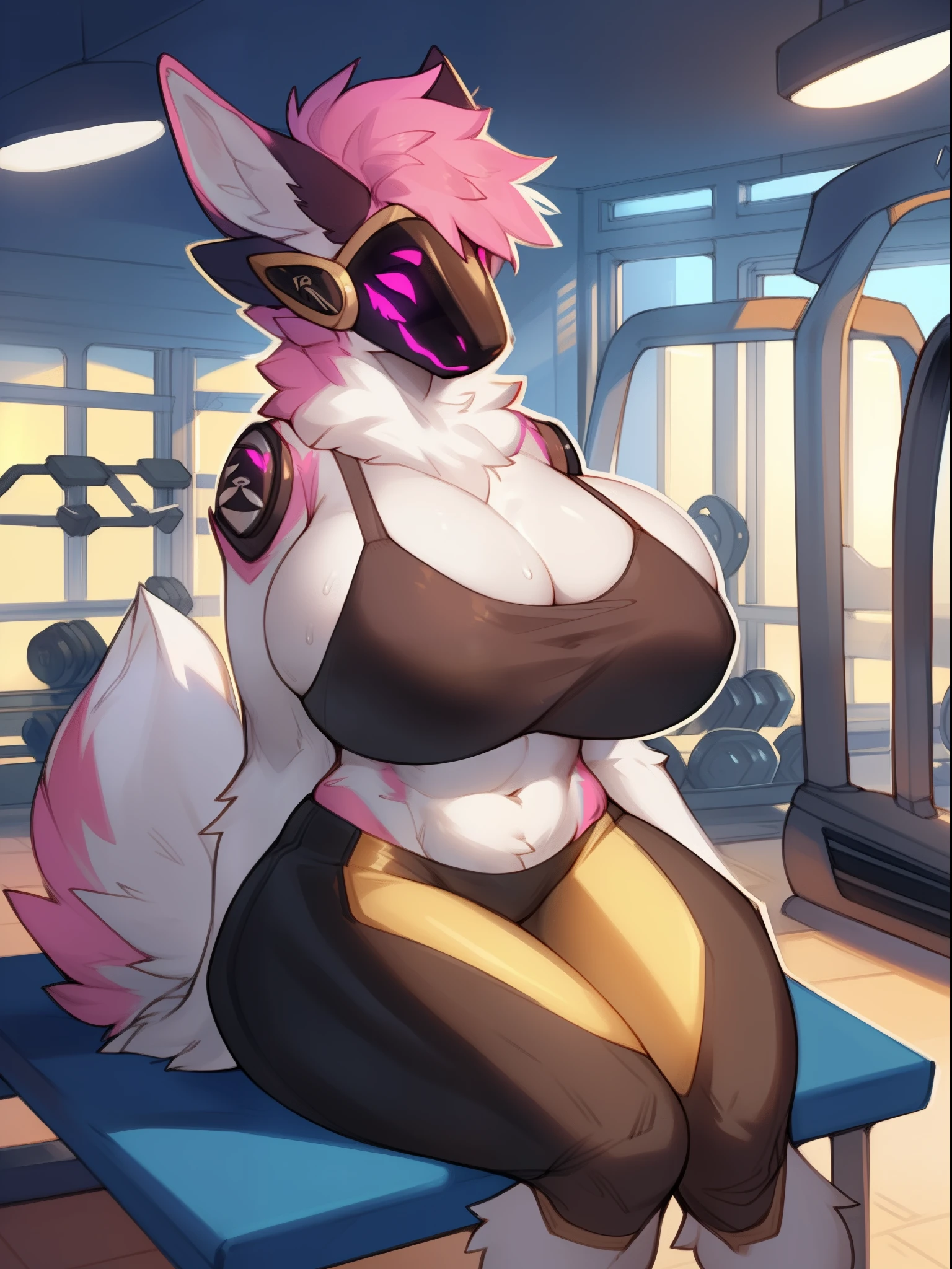 by bebebebebe, by spuydjeks, by spikedmauler, by Agurana, by Kalnareff, (masterpiece), (best quality), protogen, protogen visor, protogen face, muscular body, sexy body, attractive body, curvy body, ((short hair style)), gorgeous body, (masterpiece:1.21), (best quality:1.2), (illustration:1.2), (cinematic lighting:1.3), (detailed fur), ((detailed background)), (gym background:1.5), (sitting on a bench), (relaxing), ((wear a crop top)), ((wear tight short shorts)), ((white fur)), (pink hair)), sweaty body, breasts, fluffy breasts, (wide hips:1.5), (huge breasts:1.4), muscular thighs,
