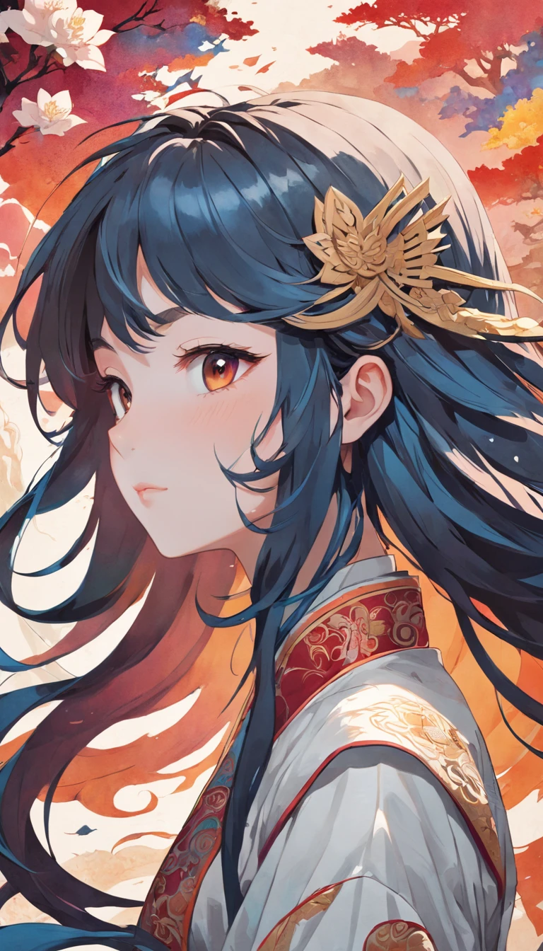 (White background:1.4),(Silhouette of a girl's head, Eyes closed, colorfull long hair, Oriental elements),(Chinese illustration:1.3,paper art:1.3, Quilted paper art:1.2),( reasonable design, Clear lines, High sharpness,Best quality, Very detailed, Masterpiece, movie light effect, 4K )