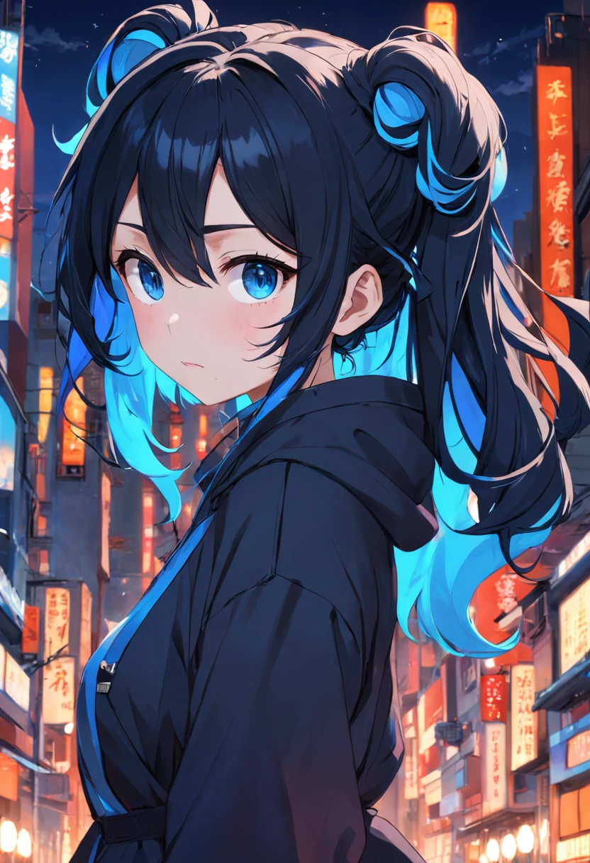 Black color hair,Double ponytail curls,blue color eyes,Hood,Beth