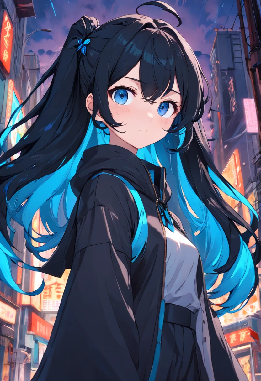 Black color hair,Double ponytail curls,blue color eyes,Hood,Beth