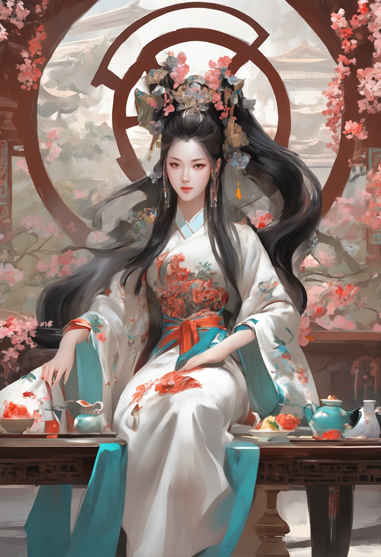 Anime girl sitting on table，There were flowers and a teapot, Palace ， A girl in Hanfu, by Yang J, G Liulian art style, Guviz-style artwork, ((a beautiful fantasy empress)), Onmyoji detailed art, Beautiful character painting, drak, 8K high quality detailed art, Kawasi, heise jinyao，Exquisite and perfect facial features，美丽细致的眼睛，long eyelasher，Delicate eyeliner，almond eyes，Blue eyes，Dark pupils，There are highlights in the eyes，Beautiful lip details，8K high-definition，??????? correct，Oil painting thick painting style