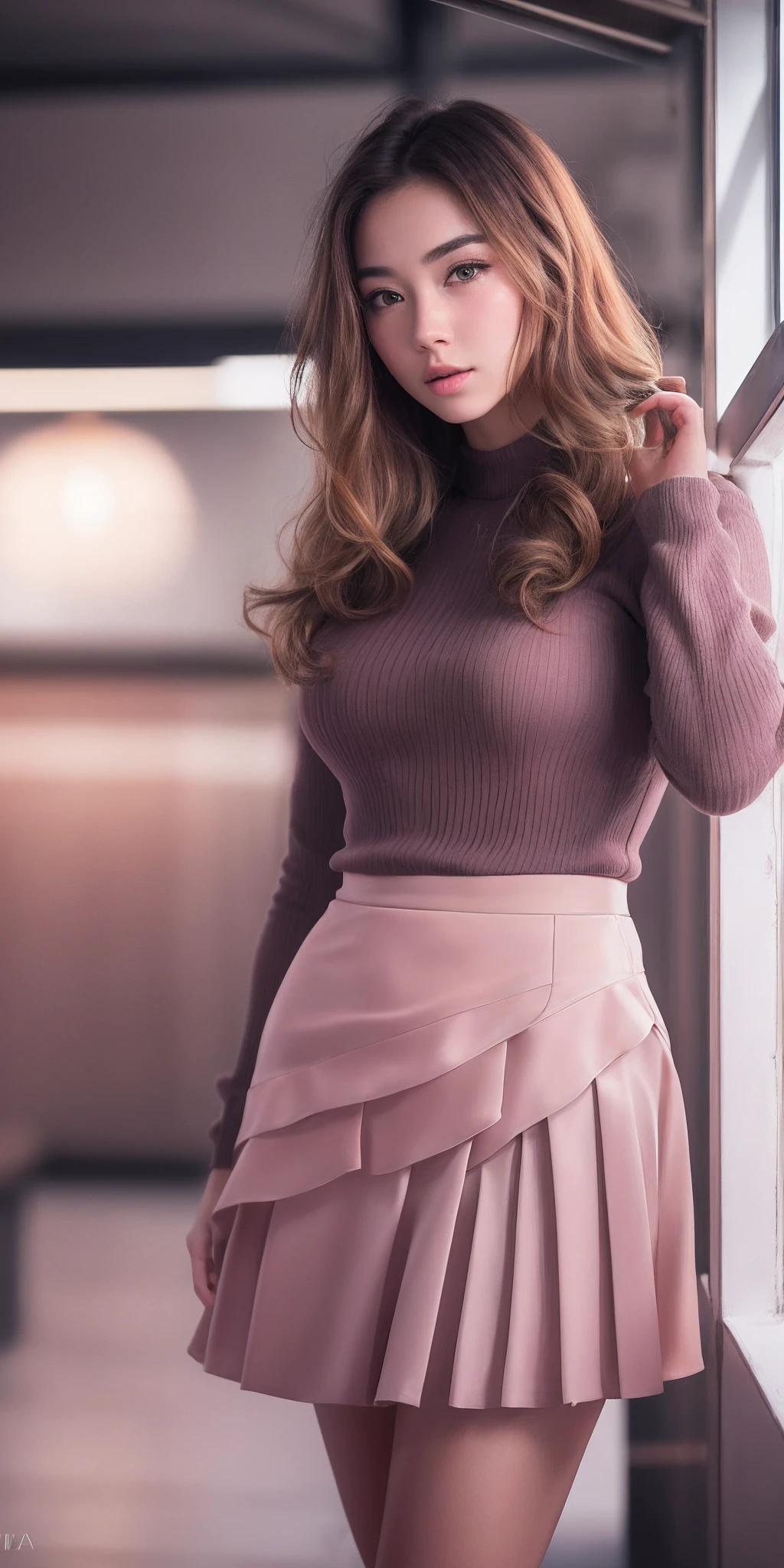 Photo of 21 year old girl, (brown hair with extra long wavy), ((portrait)), (Detailed face: 1.2)), (Detailed facial features)), (Fine skin), pale skin, high detail and deep cleavage, slim body, (cold color), reflection, (masterpiece) (Perfect proportions) (realistic photos) (highest quality), shot with Canon EOS R5, 50mm lens, f/2.8, HDR, (8k) (wallpaper) (movie lighting) (dramatic lighting) (sharp focus) (complex), (mini flared pastel skirt, heels), ((full body shot)), (studio background), ((from below))