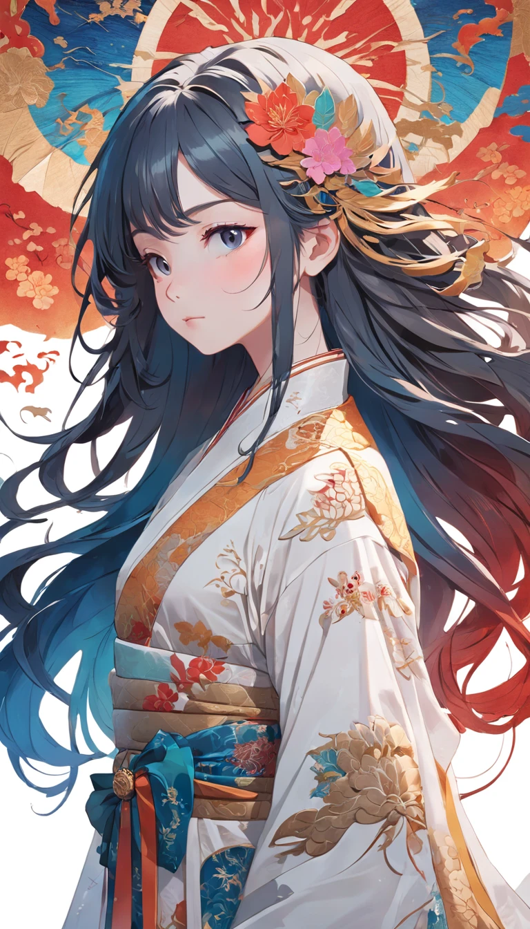 (White background:1.4),(Silhouette of a girl's head, Eyes closed, colorfull long hair, Oriental elements),(Chinese illustration:1.3,paper art:1.3, Quilted paper art:1.2),( reasonable design, Clear lines, High sharpness,Best quality, Very detailed, Masterpiece, movie light effect, 4K )