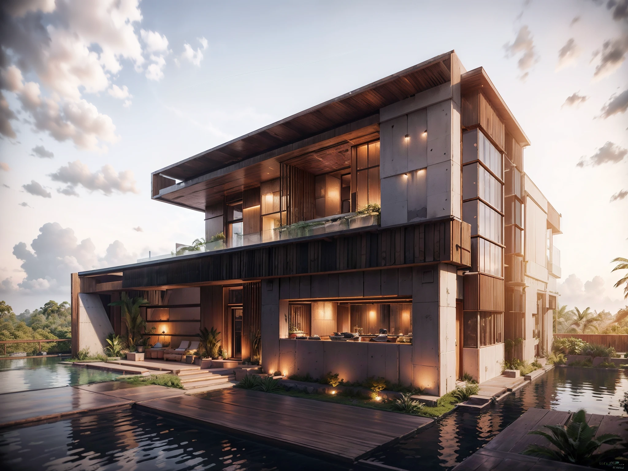 Boho style, luxury jungle villa with roof garden, glass villa with a sloping roof, modern, dynamic (RAW photo, real, best quality, masterpiece:1.2), (hyper realistic, photo-realistic:1.2), high quality, (dark lighting:1.2), perfect lighting, archdaily, award wining sustainable architecture, cinematic light, golden hour light