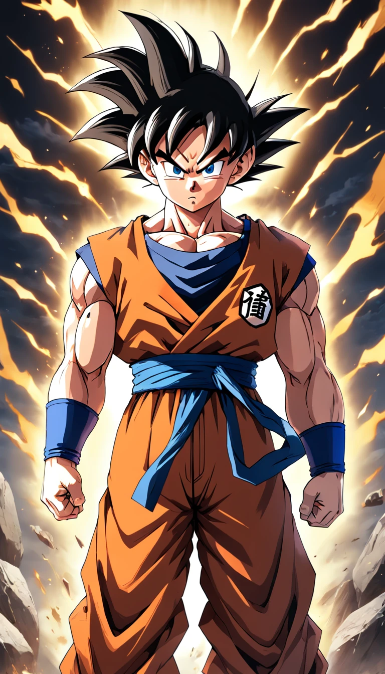Goku com corpo todo musculoso , Scenario with destruction , super Sayajin , imagem sem deformidades , melhor qualidade , best resolution , obra prima