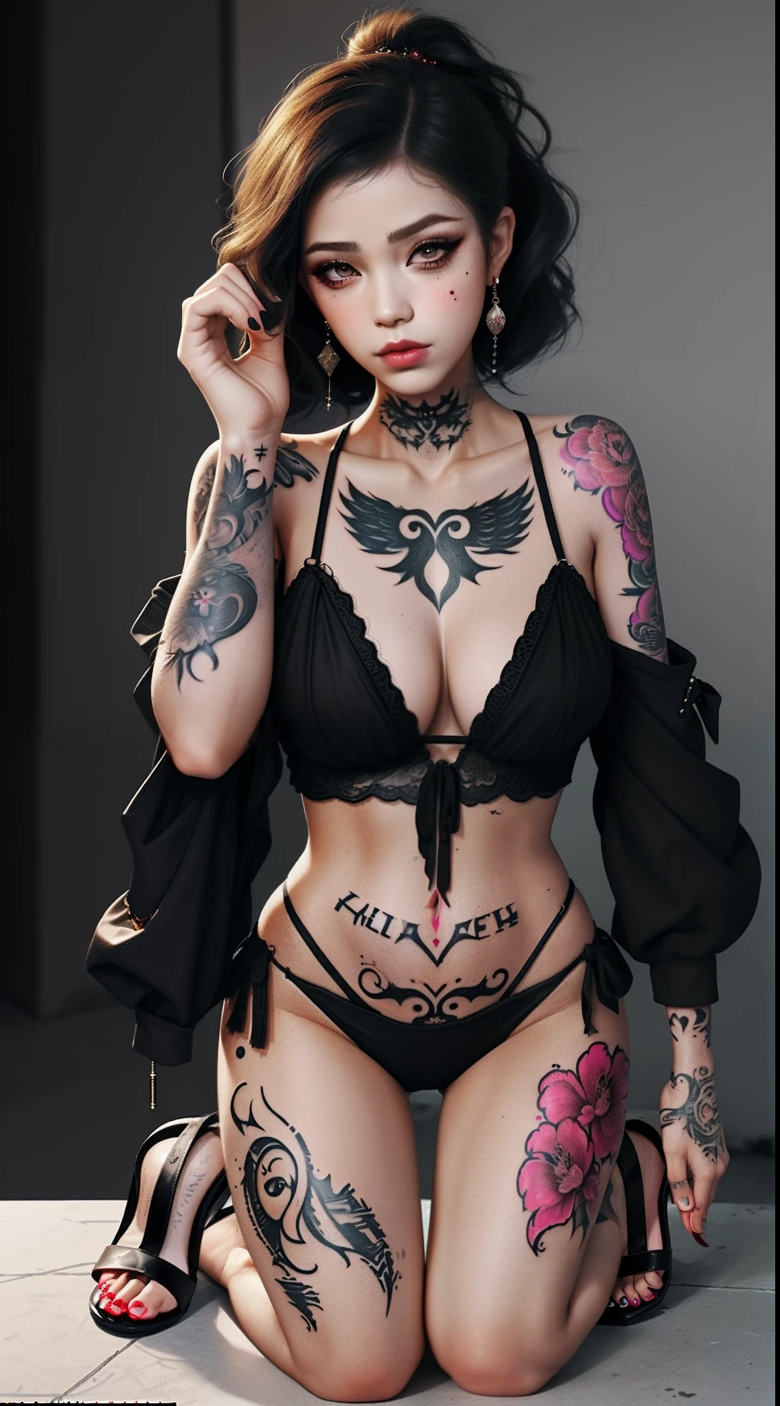 Slutty and slutty prostitutes,Bitch in heat,Coquettish ,Indiscretion,exual suggestiveness,Wrumble,orgasmc,(((Sandals 1.2))),Big heavy makeup,Smoky makeup,The whole body is tattooed