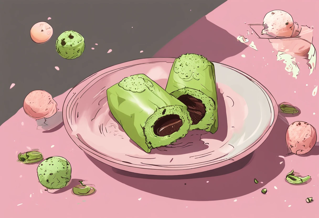 A strip of crispy ice cream,The crispy skin is matcha-flavored,Inside there are vanilla fillings and chocolate balls