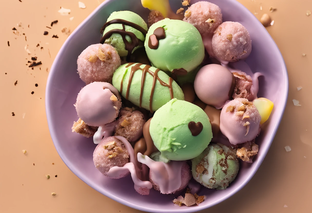 A strip of crispy ice cream,The crispy skin is matcha-flavored,Inside there are vanilla fillings and chocolate balls