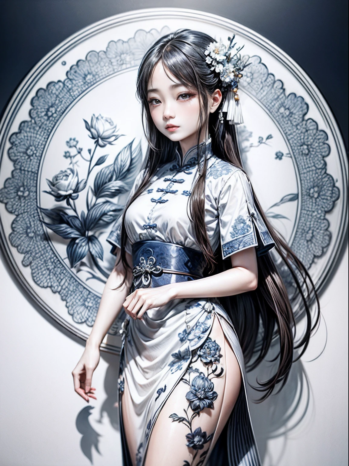 （Blue and white porcelain style：1.6），white backgrounid，1 Chinese girl with long hair，Oriental elements，reasonable design，Clear lines，（Linear，Mono Color）