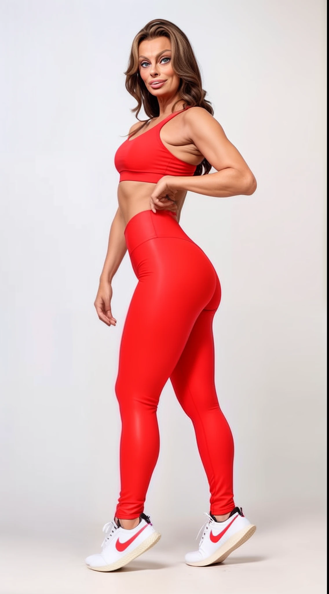 ((Sophia Loren)) in red leggings and a bra top posing for a picture, red sport clothing, all red, coral red, two piece workout clothes, upper and lower body, red neon, red, bright red, leggins, wearing a red outfit, red clothes, leggings, red hot, side pose, coral, cottagecore!! fitness body, mint, sports clothing