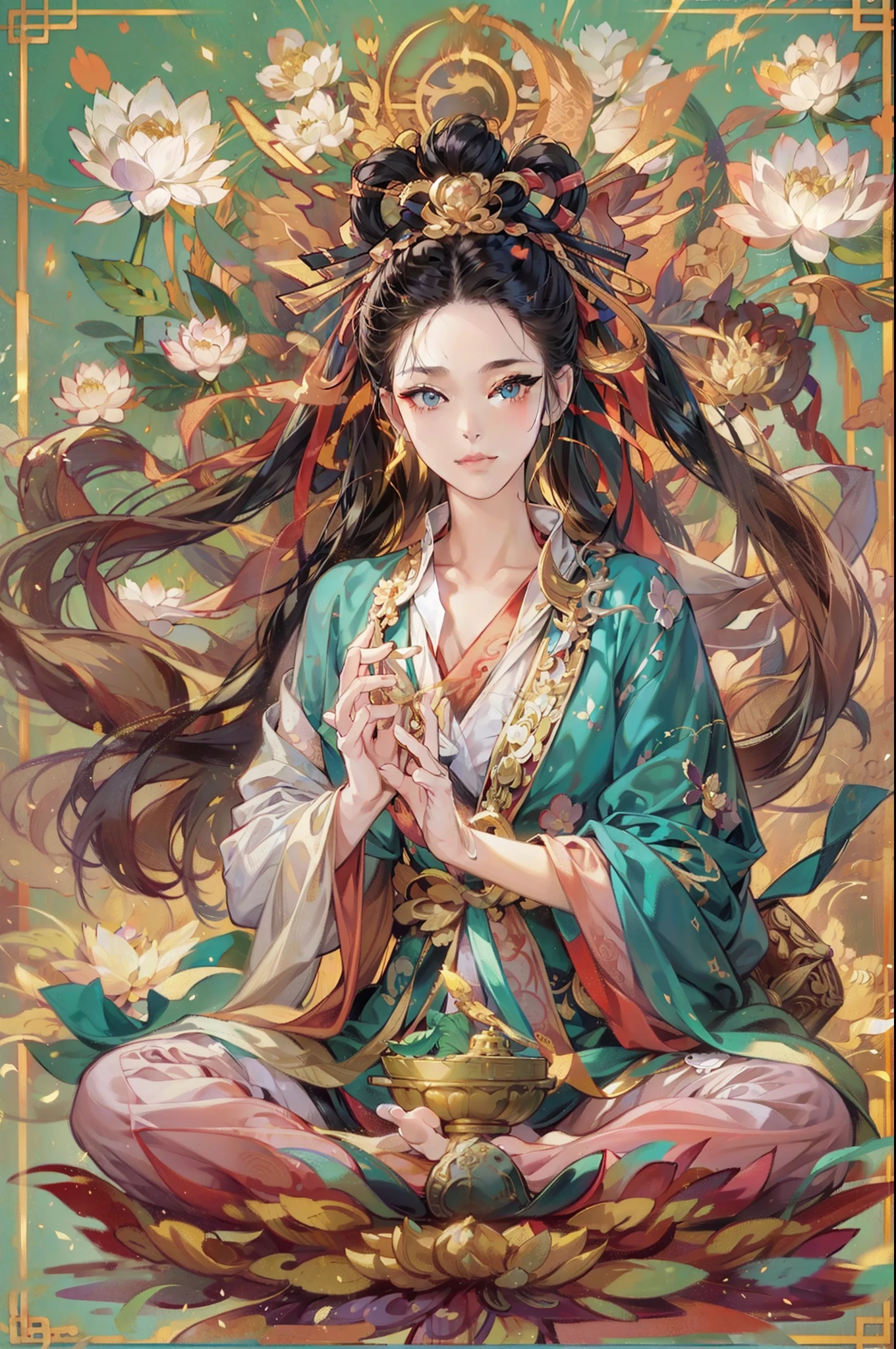 (Chinese immortals), (Buddhism), Multip_Hands,(mythological stories), (bodhisattva), She sits on a lotus, (Three hands on the left,Three hands on the right, Each hand holds a different Buddhist vessel, left right symmetry),(Delicate and beautiful face), (White silk robe)sitting on a lotus flower, Frontal photo,Light smile, neo-classical, OP Art, Chiaroscuro, Cinematic lighting, god light, Ray tracing, character sheets, projected inset, first person perspective, hyper HD, Masterpiece, ccurate, Textured skin, Super detail, High details, High quality, Award-Awarded, Best quality, A high resolution, Exquisite and perfect facial features,美丽细致的眼睛,long eyelasher,Delicate eyeliner,almond eyes,Blue eyes,Dark pupils,There are highlights in the eyes,Beautiful lip details,8K high-definition,anatomy correct,Oil painting thick painting style