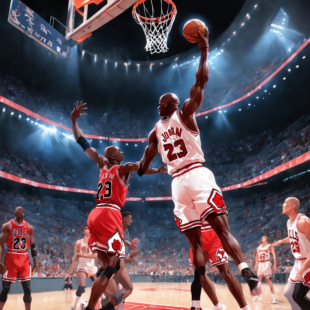 Michael Jordan at home of the NBA Bulls，Michael Jordan jumps up to pitch，He faces the basket，Michael Jordan and that basketball will be refined，Michael was facing the basket，looking at me with her back，Wearing the number 23 shirt