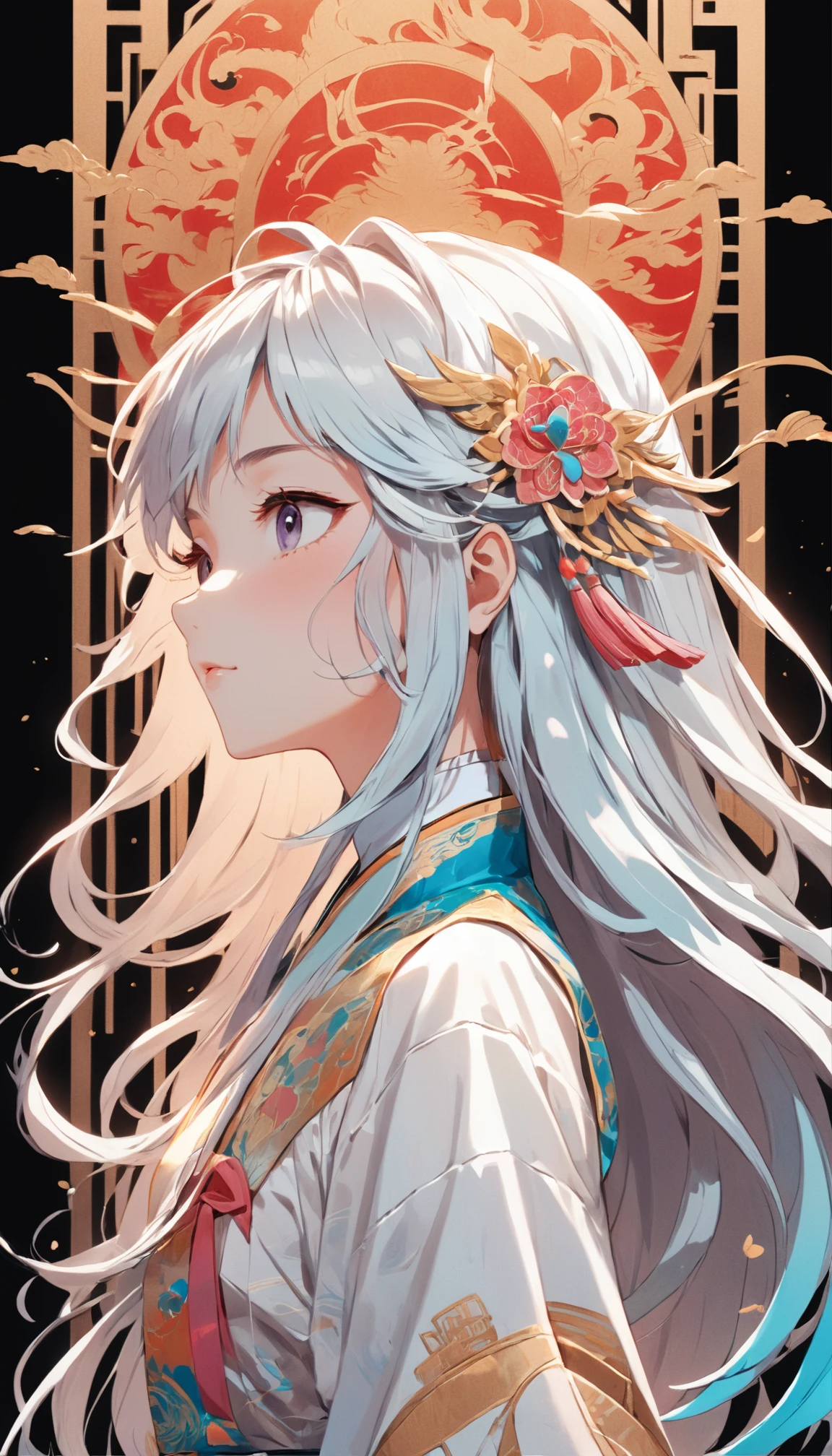 (White background:1.4),(Silhouette of a girl's head, Eyes closed, colorfull long hair, Oriental elements),(Chinese illustration:1.3,paper art:1.3, Quilted paper art:1.2),( reasonable design, Clear lines, High sharpness,Best quality, Very detailed, Masterpiece, movie light effect, 4K )