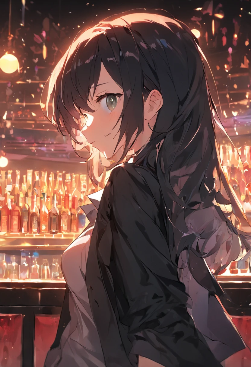 mature female with dark brown long hair, wearing black business vest, wearing black business pants, sitting in bar, uv lights