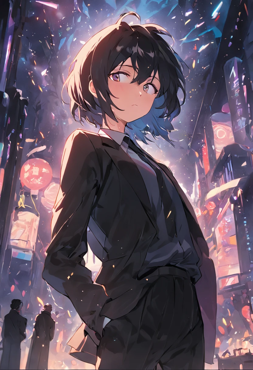 mature female with dark brown long hair, wearing black business vest, wearing black business pants, sitting in bar, uv lights