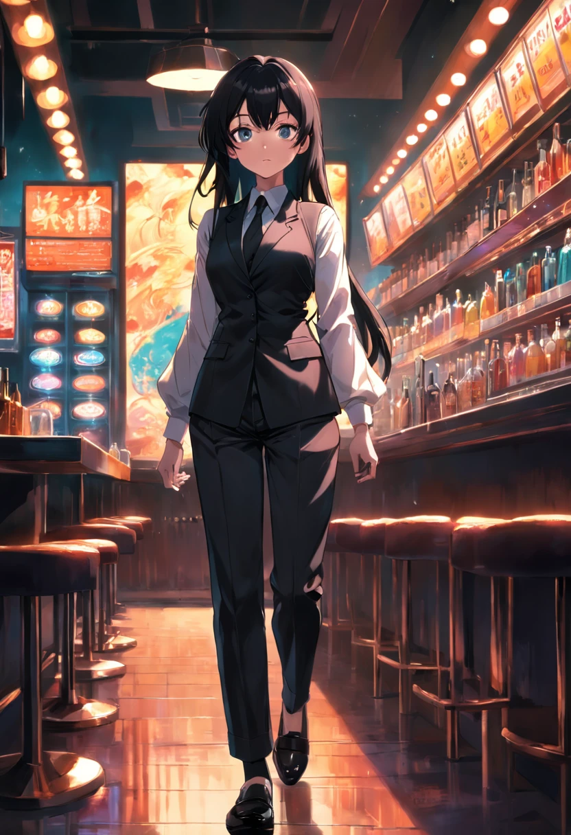 mature female with dark brown long hair, wearing black business vest, wearing black business pants, sitting in bar, uv lights