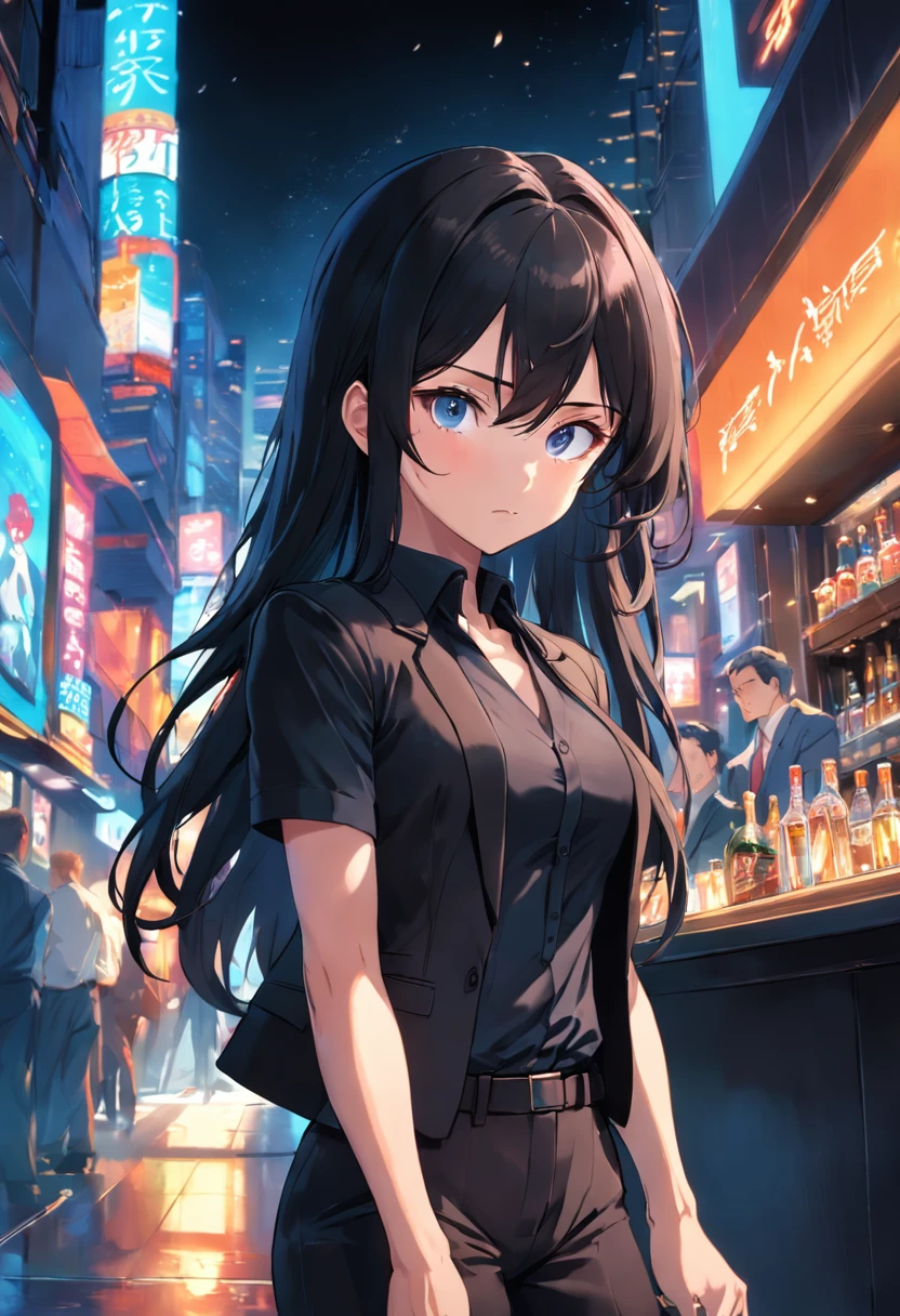 mature female with dark brown long hair, wearing black business vest, wearing black business pants, sitting in bar, uv lights