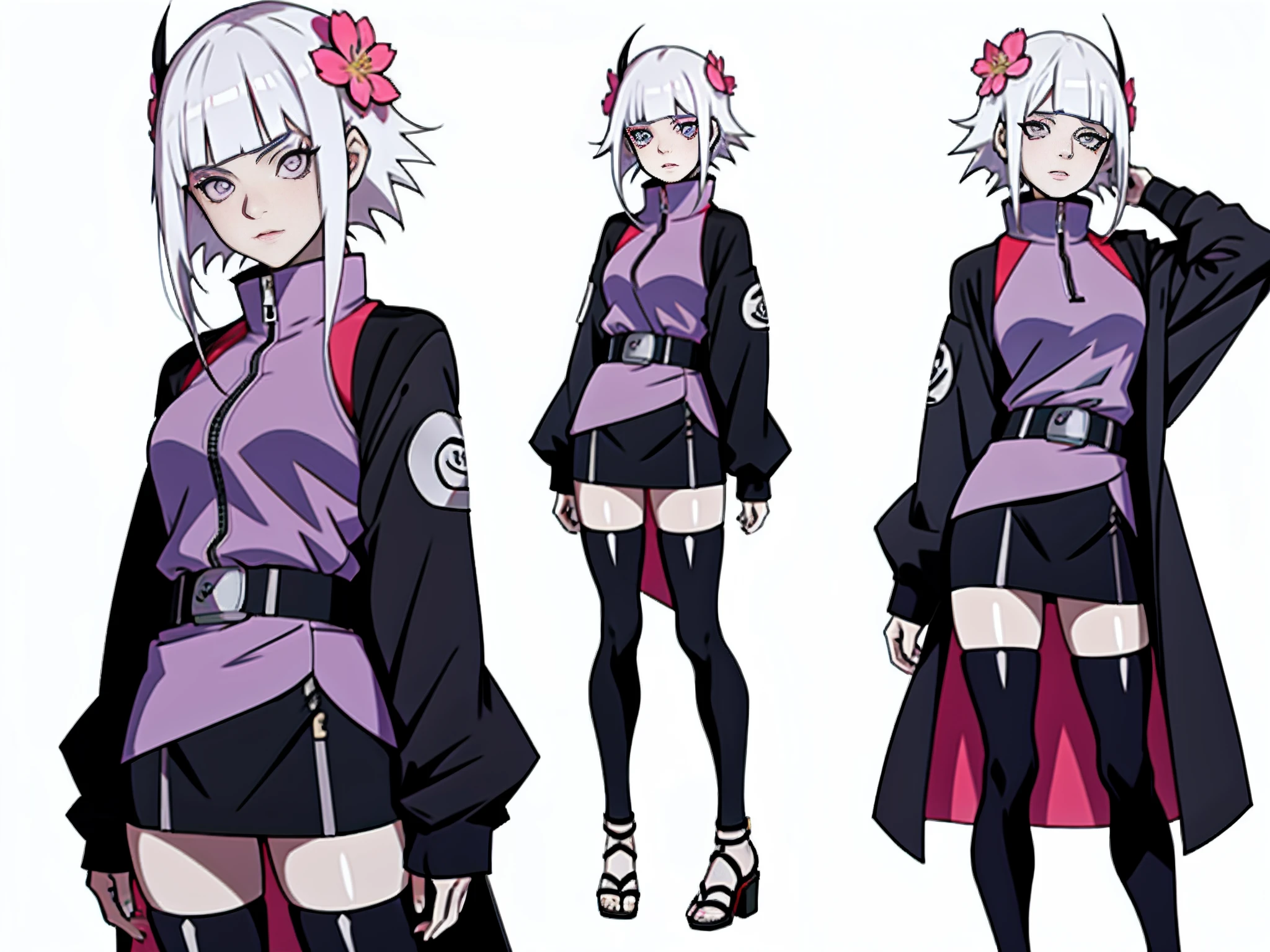 Masterpiece: 1.6, best quality: 1.4, live image: 1.2, intricate details: 1.2, graphournerv2: 1.2, full body character change 1lady,
Appearance: milf: 1.25, slim: 1.3, small breasts, detailed eyes, quality eyes, small stature,
14 year old girl, cute girl, short stature, Masashi Kishimoto in Naruto Shippude Style.
Clothing: ninja clothing, Naruto Shippuden style clothing, bodycon dress, jacket with collar, shoes with heels.
Accessories: small flowers for the hair, belt, stockings.
Eyes: pale lilac eyes, byakugan eyes.
Hair: platinum white hair, straight bangs, shoulder-length hair.
Makeup: natural.
(single background, white background: 1.3), multiple views, multiple views of the same character in the same outfit: 1.3.