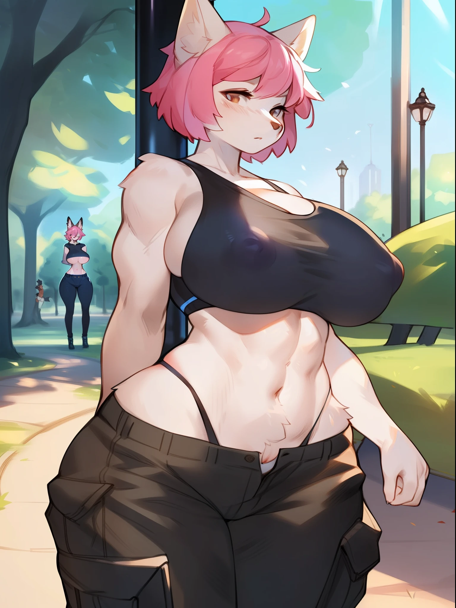 by bebebebebe, by spuydjeks, by spikedmauler, (masterpiece), (best quality), fox, muscular body, y body, attractive body, curvy body, ((short hair style)), gorgeous body, (masterpiece:1.21), (best quality:1.2), (illustration:1.2), (cinematic lighting:1.3), (detailed fur), ((detailed background)), (park background:1.5), (stripper pole), ((wear crop top)), ((wear cargo pants)), ((wear g-string)), ((white fur)), (pink hair)), breluffy breasts, (ps:1.5), (nipple outline:1.uge breasts:1.2), muscular