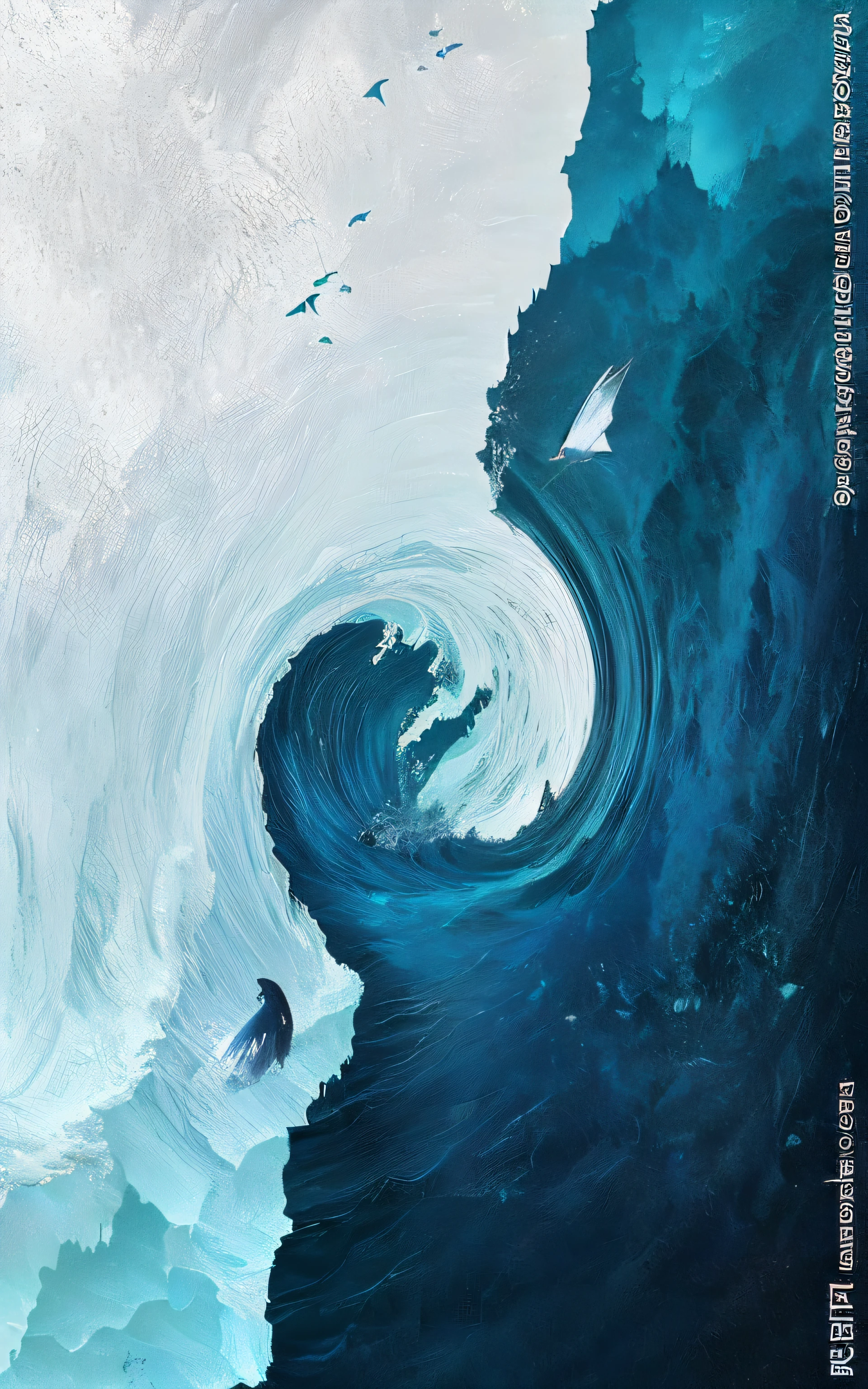 There is a painting of waves emerging from a cliff, water art photoshop, photoshop water art, tidal waves, water art manipulation, breathtaking digital art, blue crashing waves, inside the curl of a wave, the blue whale crystal texture, breathtaking wave, tube wave, surreal water art, swell sea, water manipulation photoshop, Artistic illustration, charybdis, ((Waves