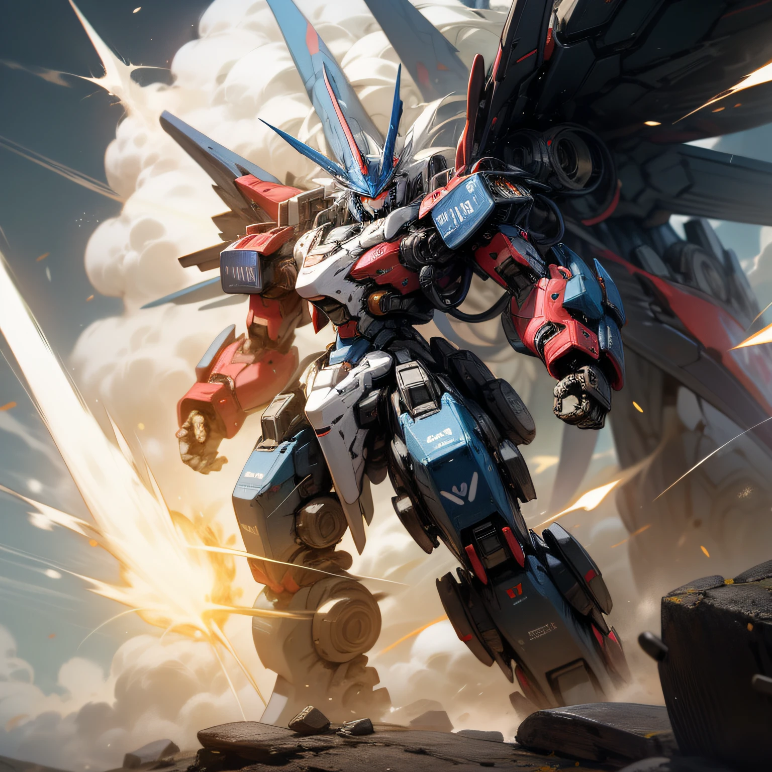 "Majestic mecha emanating unstoppable power, emanating an awe-inspiring aura."