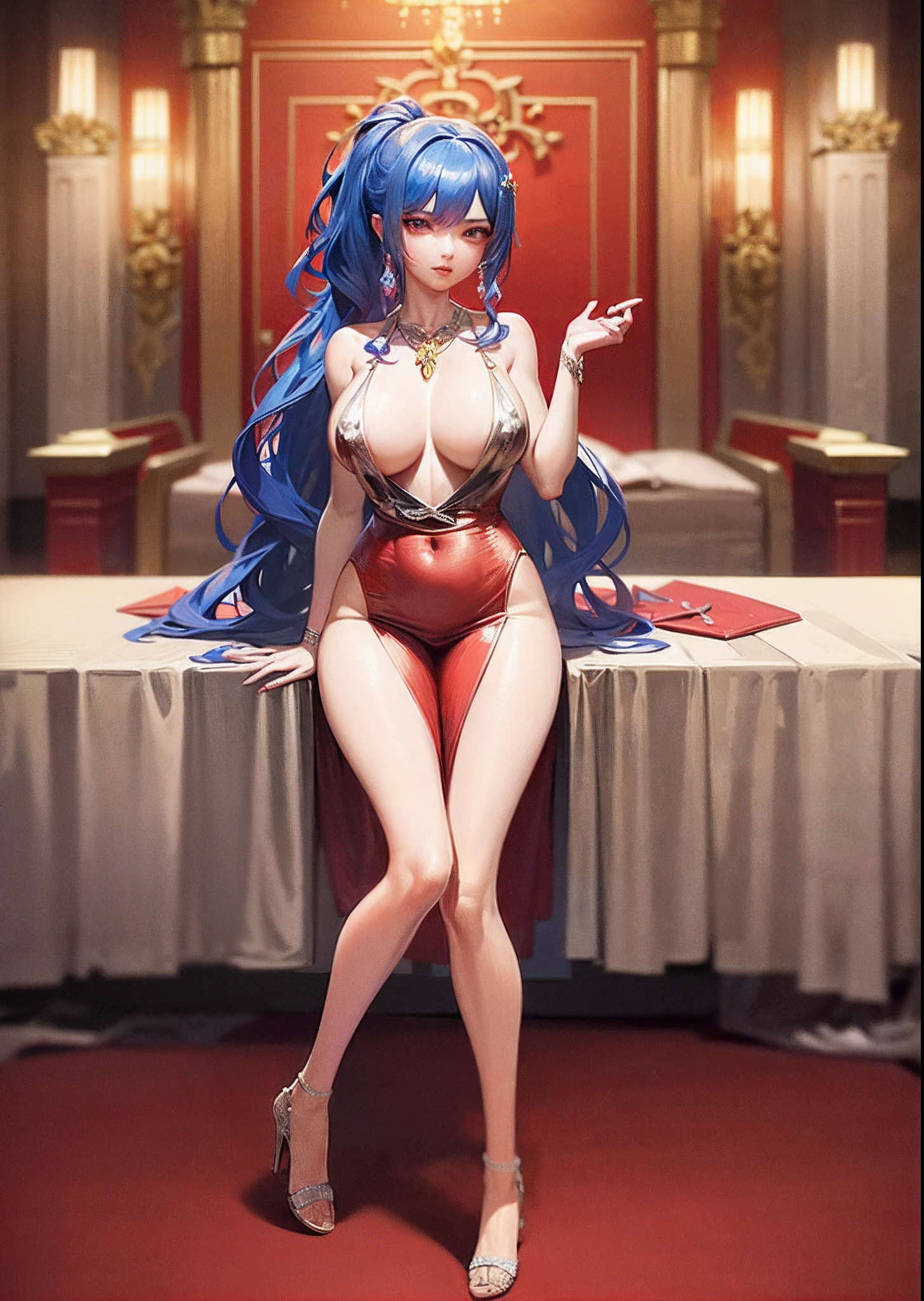 Anime girl in red dress with long hair and sword, succubus in tight short dress, overdetailed art, ((a beautiful fantasy empress)), a beautiful fantasy empress, royal elegant pose, highly detailed exquisite fanart, very detailed Artgerm, full-body xianxia, Seductive Anime Girl, 8k high quality detailed art, beautiful alluring anime woman