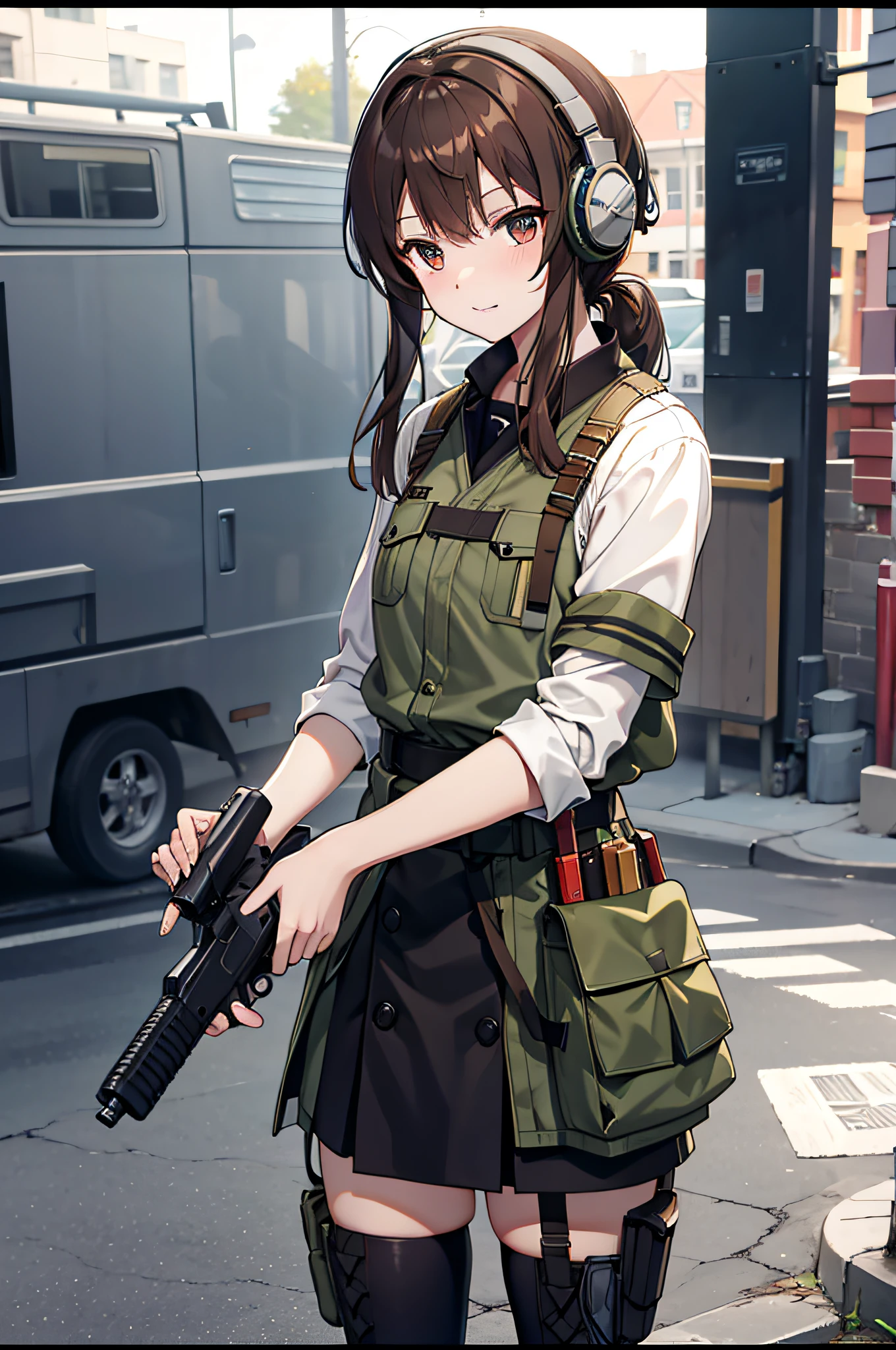 brown hair,Single horsetail,Combat uniforms,Handheld SVD,cheerful,wearing headphone
