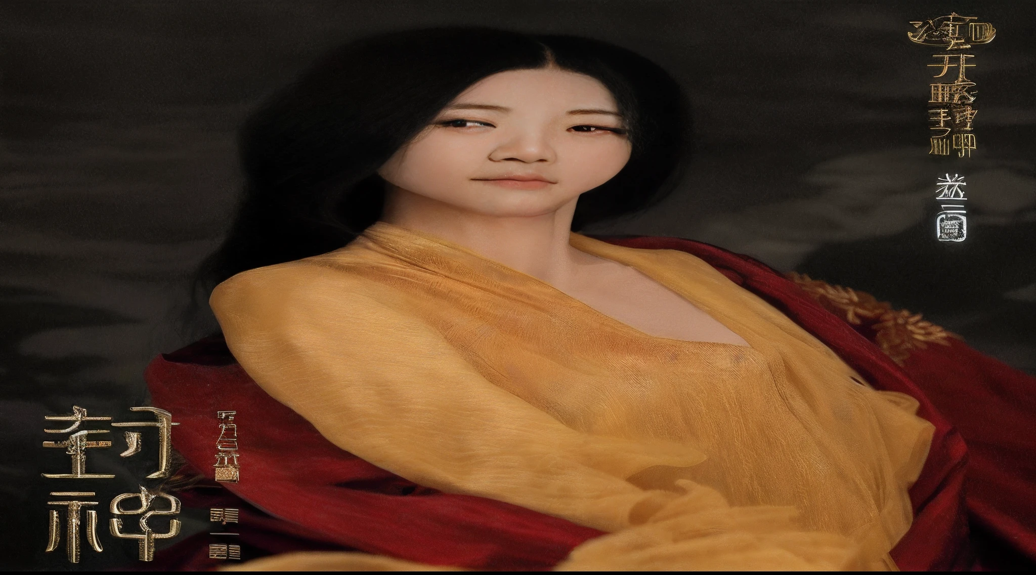 Alphad image of a woman in a yellow dress and a red shawl, heise-lian yan fang, Inspired by Tang Yifen, in style of pan ren wei, inspired by Gu An, queen of the sea mu yanling, inspired by Zhang Wo, Inspired by Qiu Ying, song nan li, Bo Feng, Yan, Yang Qi, Yun Ling