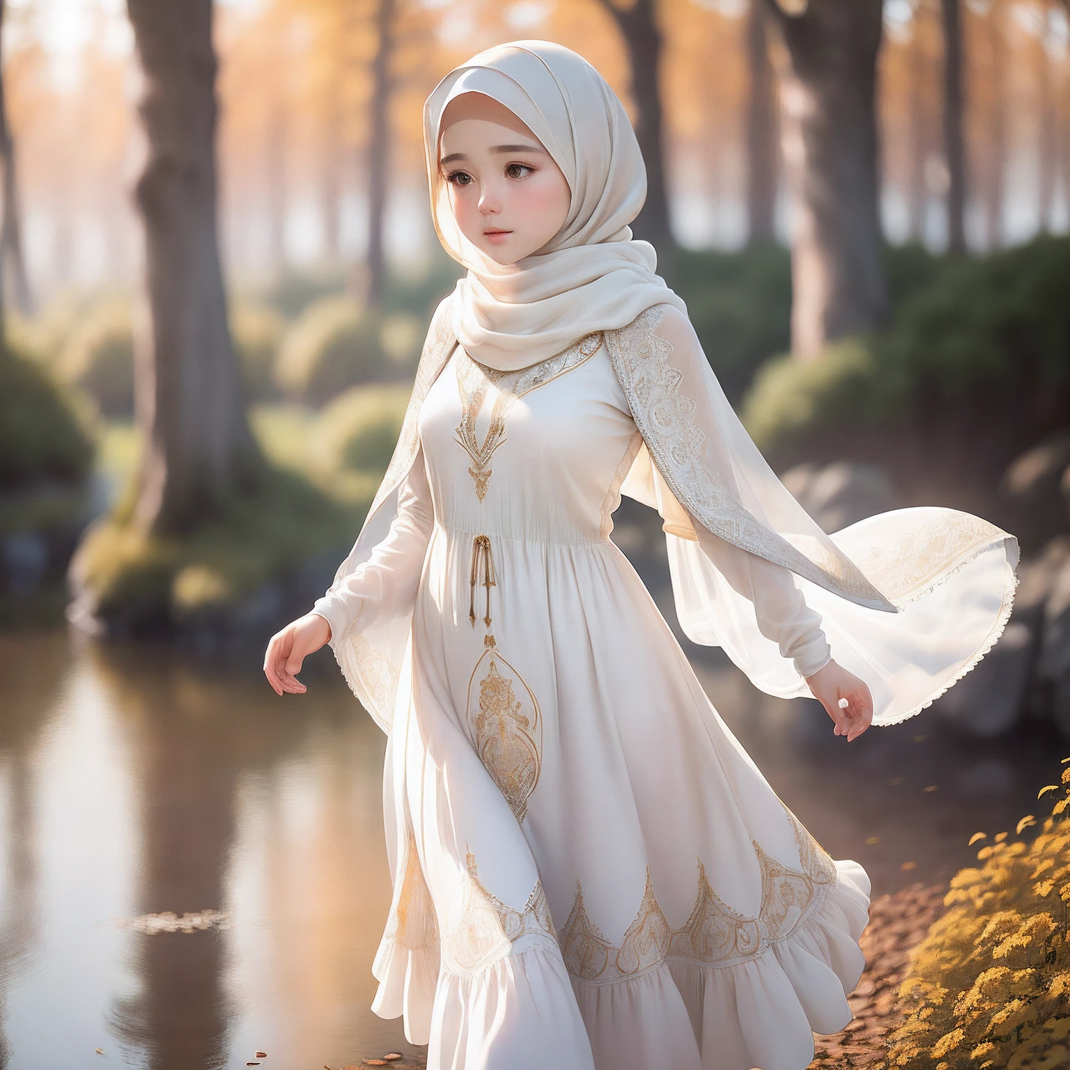 (RAW photo, best quality), (realistic, photo-realistic:1.3), 1 girl, solo girl, extremely delicate and beautiful, Amazing, finely detail, masterpiece, ultra-detailed, highres,(best illustration), (best shadow),intricate,depth of filed, On a summer afternoon, a lovely female muslim dress with tunic, pashmina hijabs, In the golden hues of autumn, creating a soothing sound. She closes her eyes, immersing herself in harmony with nature,(blurry background:1.4), sharp focus, volumetric fog, 8k UHD, DSLR, high quality, (film grain:1.4), Fujifilm XT3,