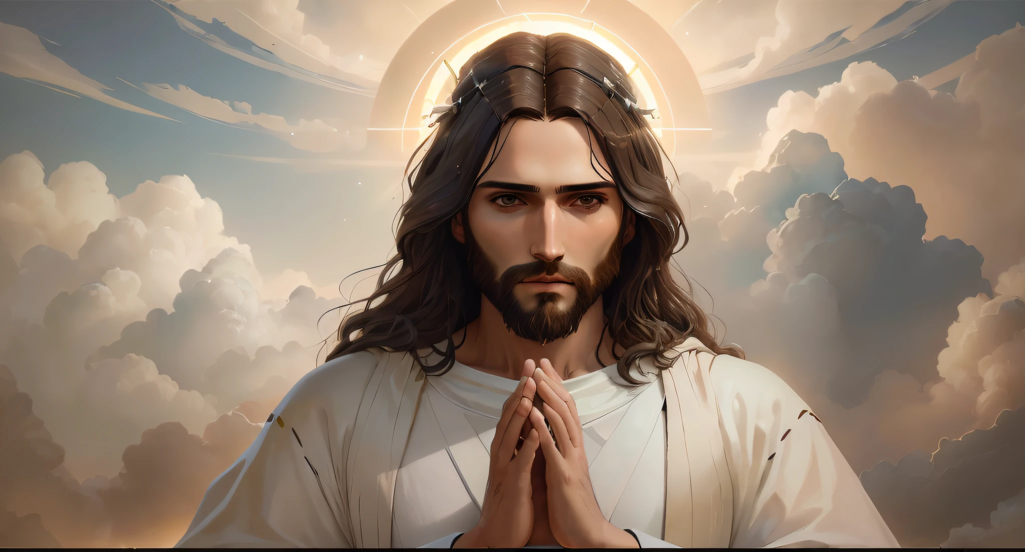 Imagem de um homem com cabelos longos e barba em um manto branco, Jesus Cristo, Retrato de Jesus Cristo, Jesus Cristo em Mass Effect, rosto de Jesus, arte conceitual de deus, Jovem Deus Todo-Poderoso, Jesus, Cyberpunk Jesus Cristo, fan art, glowing halo above his head, jesus of nazareth, Raios de Luz Sagrada Sagrada, O Senhor e Salvador