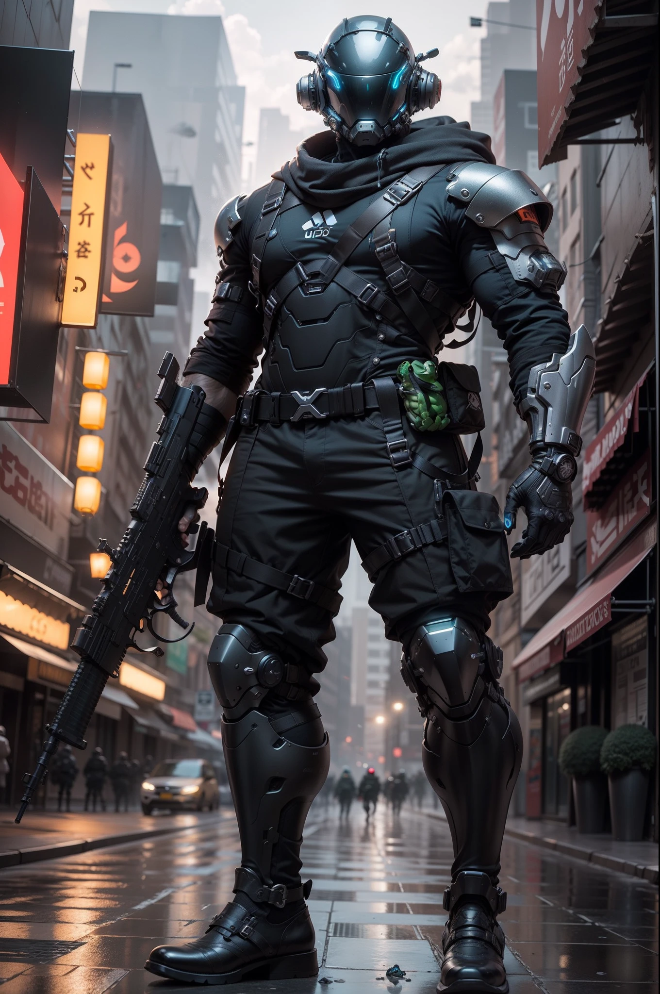 1 homem, a futuristic-looking male military commander with a fantastic ((square cyberhelmet head with blue lights)) and a pair of mechanical feet, usando um par de ((luvas cinza de ferro)), sem sapatos, Vestido em ((terno cinza FROG)), Standing in Cyberpunk City, segurando arma, segurando arma, rifle, handgun, fuzil de assalto, vestindo epTactical, foco facial, UHD, anatomicamente correto, best quality, master part, painel de corpo inteiro