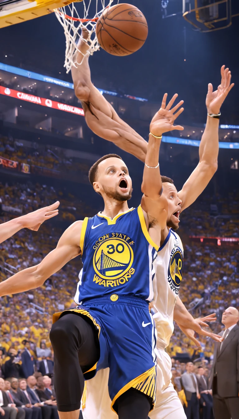 Stephen Curry jogando pelo Golden state Warriors , quadra de basquete , Standard scenario , imagens sem deformidades , olhar fixo , melhor qualidade total , obra prima