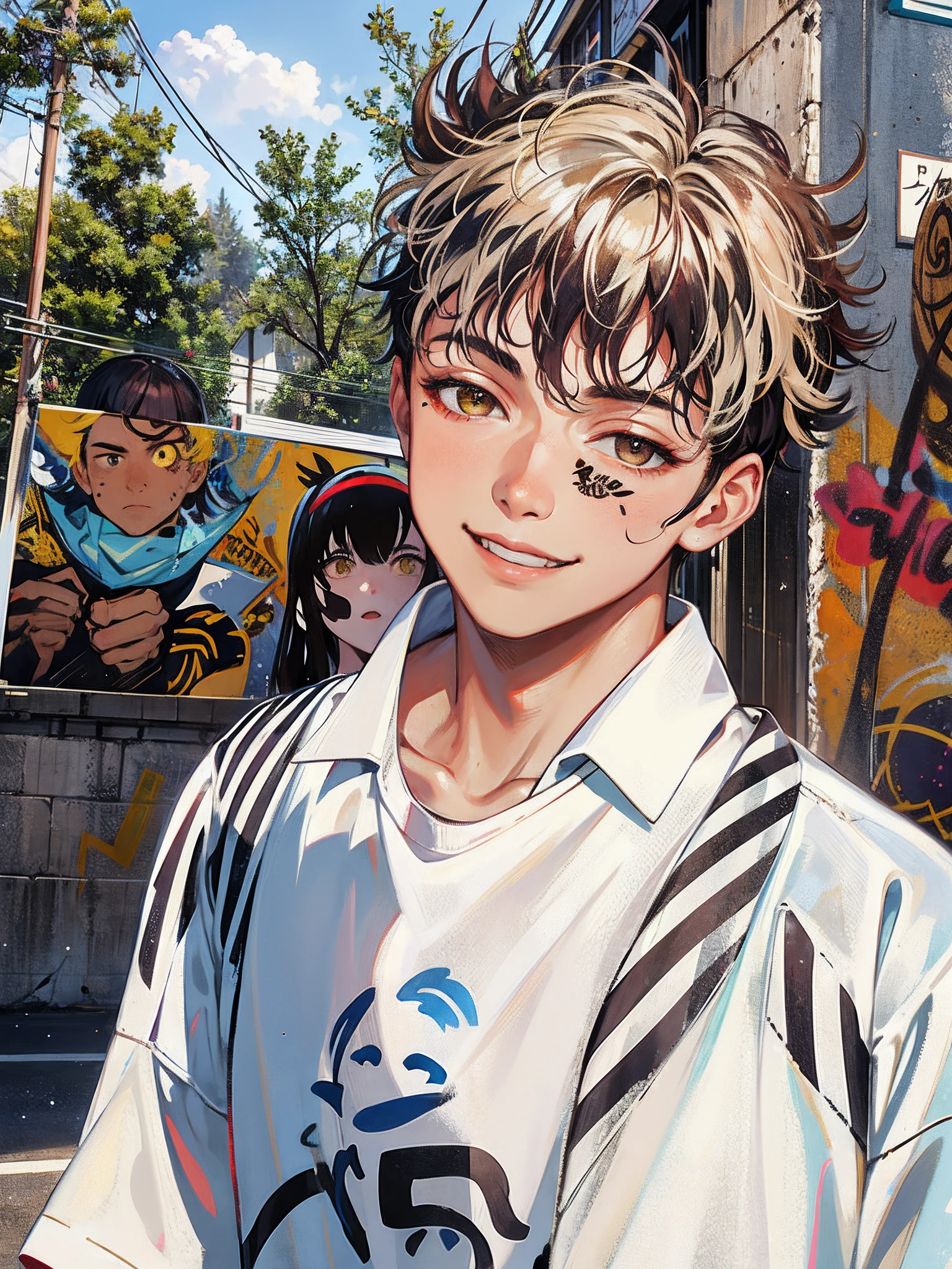 A very handsome teenager passed by me and inadvertently saw me, bust photo, smiling and looking at me. High nose, yellow race, relatively white skin, black hair, medium hair. The background is a wall with various graffiti on it. He wears simple short sleeves and holds a cute dog. Highest quality.