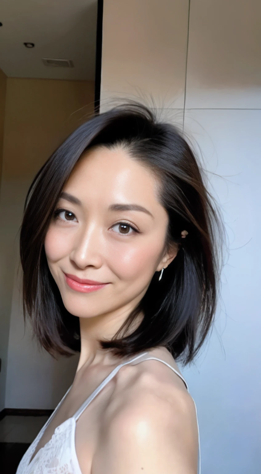 tmasterpiece、top-quality、超A high resolution、high detail portrait、(photographrealistic:1.4)、(((1girl in)))((1girl in、White skin of the、kneeling to、from below、looki at viewer、young 40 years old、spotless、Cute Baby Turtle、pretty black hair、Bob_cut、short detailed hair、Big breasts,((fullnude)),(dripping wet body),(portrait of japanese famous actress)、(A smile、blissful、joy、jolly、Keep one's mouth shut)、Armpits:1.6、Great detailed eyes、((really snow-white background、nothing background))、((Long neck、By bangs、By bangs、Clean face、gaze staring at the camera、eyeslashes、largeeyes、Distinct double eyelids、tear-mole、glowy skin、clean skin quality、Gloss on lips)),(((middlebreast))),(nsfw),