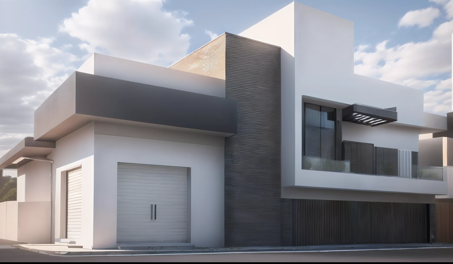 Rendering of a modern house with garage, 3D rendering, Fachada minimalista, architectural render, conceito hiperrealista, super detalhado, renderizar no vray, acabamentos em tinta branca e tijolos aparentes