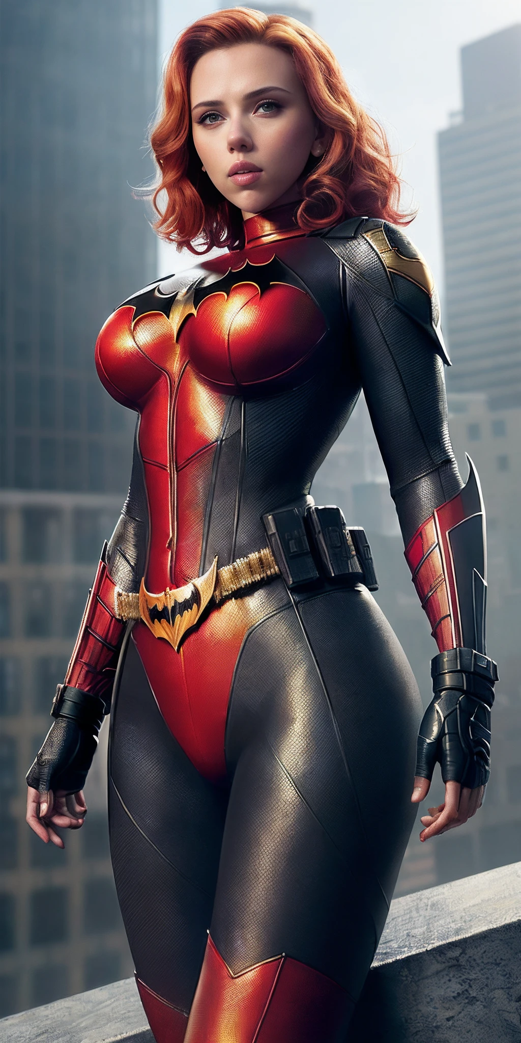 (Scarlett Johansson,32years old,superhero,gigantic breasts,wide hips:1.3), Solo,bump nipple, sexy pose,(((Very detailed face)))), ((Very detailed eyes and face)))), ((((Bat Man suit)))),(((aroused))),seductive smile,Beautiful detail eyes, gigantic breasts,juicy ass,bubble butt,visible pubic hair,cameltoe,sexy pose,breasts about to burst of her clothing,wide hips,slim waist,perfect belly,perfect legs,perfect ass,perfect body ratio,cleavage,Body parts__, Official art, Unified 8k wallpaper, Super detailed, beautiful and beautiful, beautiful,masterpiece, best quality, original, masterpiece, super fine photo, best quality, super high resolution, realistic realism, sunlight, full body portrait, amazing beauty,dynamic pose, delicate face, vibrant eyes, (strong gaze),, (((see-through clothing,cumdrip,crater nipple,no panties:1.2))),red and black color scheme,in the rooftop of tech-company, (((golden ratio body))),((red hair:1.2)),curly medium short hair, detailed face, detailed complex busy background, messy, gorgeous, milky white, highly detailed skin, realistic skin details, visible pores, clear focus, volumetric fog, 8k uhd, DSLR, high quality, film grain, fair skin, photo realism, lomography, futuristic dystopian megalopolis, translucent