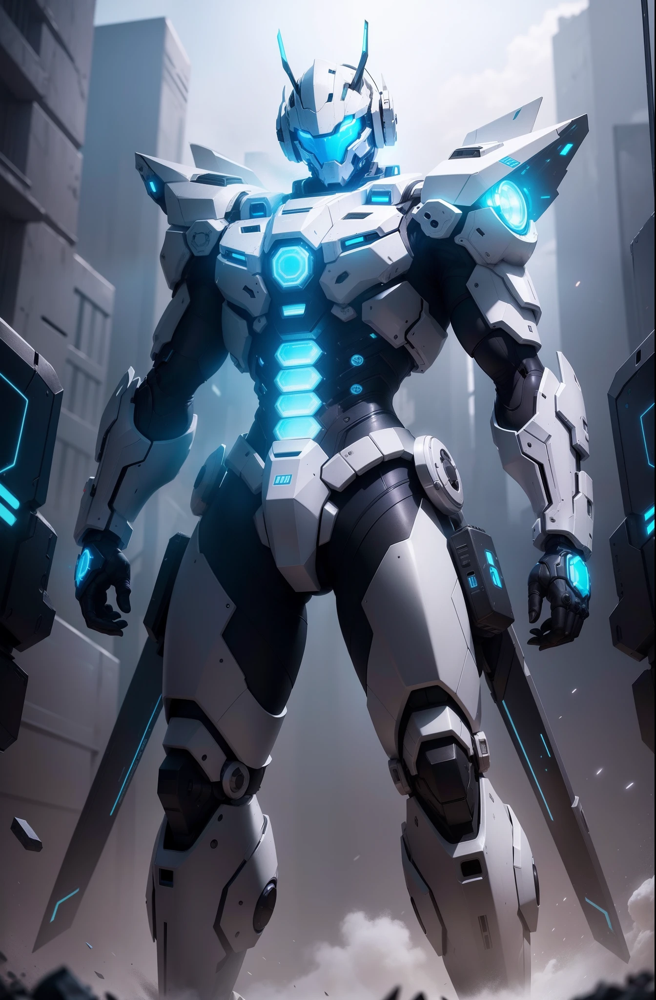 super wide shot, Full body frontal photo, (Masterpiece) ,Future tech wind,White mech,The eyes glow a dazzling blue light,Like enforcers,Standing tall,Armed with a mechanical greatsword,Battle Black Mech,4K,8K,photorealestic,best qualtiy,neon-light-effect,Hyper-detailing,Mechanical texture,The fluorescence emitted by the mechanical scene looks cooler,full bodyesbian,