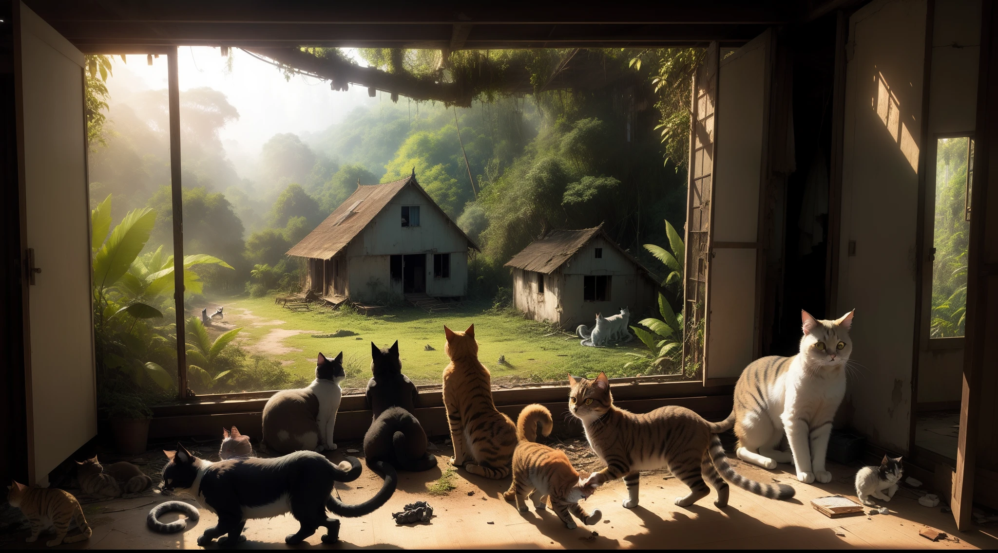Many cats in different positions doing different things are living in an abandoned house in the middle of jungle, sunny day, volumetric lights, dynamic composition, intricate details, high definition, high resolution, panoramic view, anime style