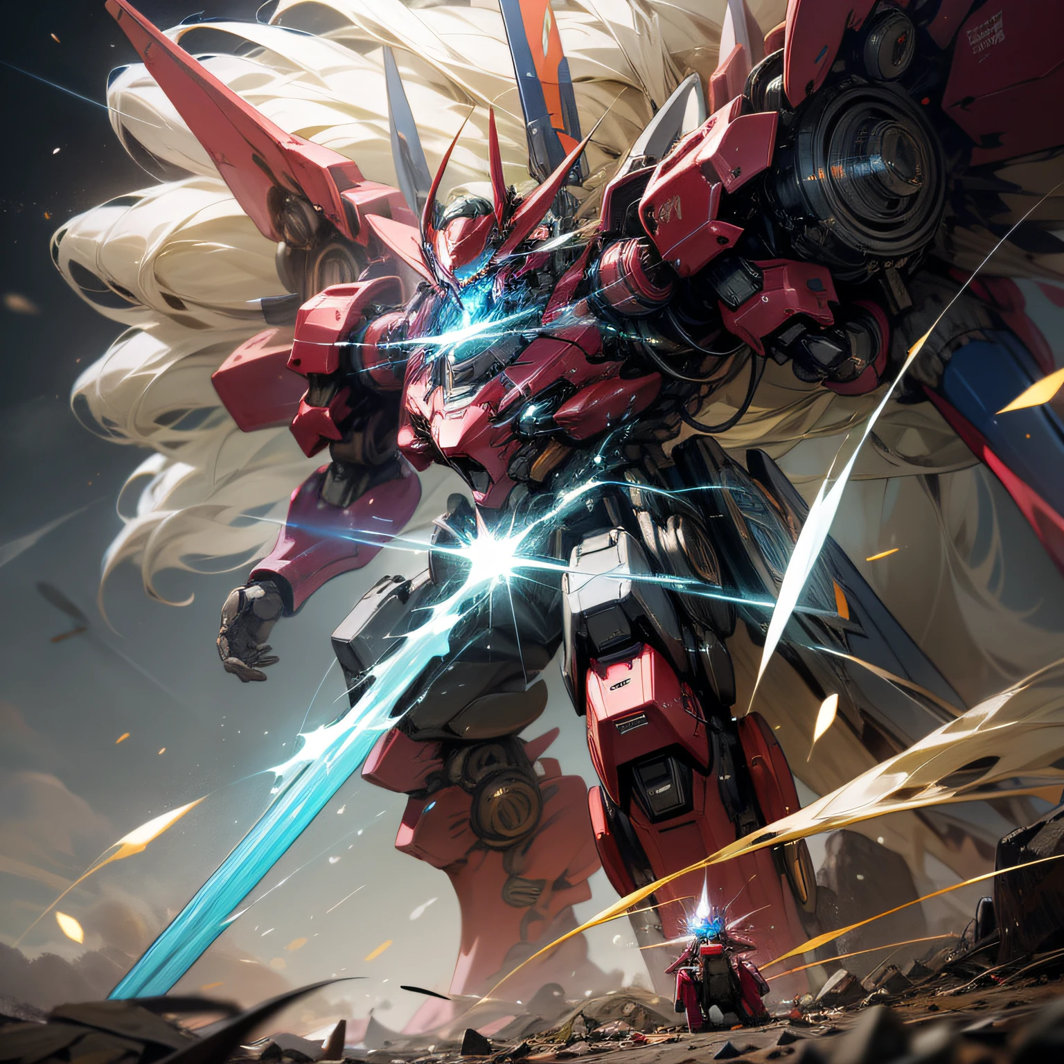 "Majestic mecha emanating unstoppable power, emanating an awe-inspiring aura."