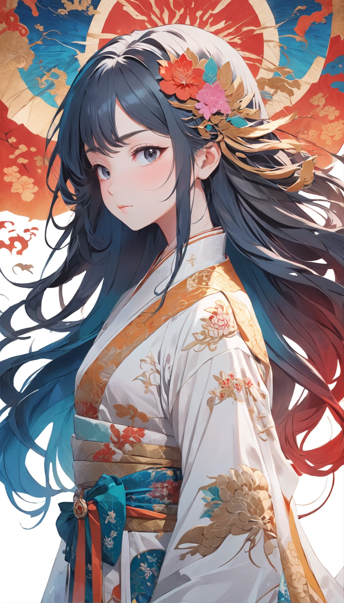 (White background:1.4),(Silhouette of a girl's head, Eyes closed, colorfull long hair, Oriental elements),(Chinese illustration:1.3,paper art:1.3, Quilted paper art:1.2),( reasonable design, Clear lines, High sharpness,Best quality, Very detailed, Masterpiece, movie light effect, 4K )