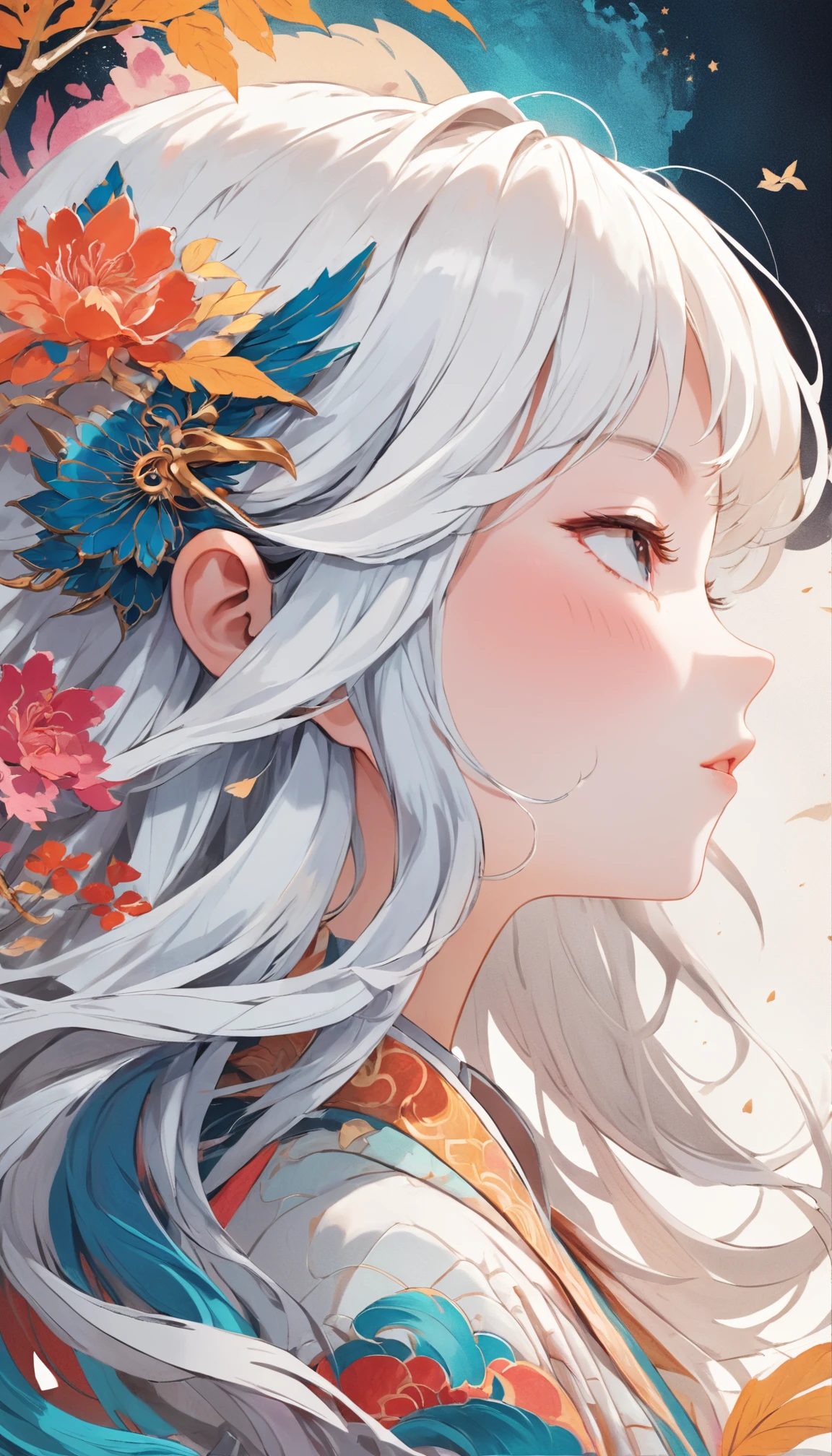 (White background:1.4),(Silhouette of a girl's head, Eyes closed, colorfull long hair, Oriental elements),(Chinese illustration:1.3,paper art:1.3, Quilted paper art:1.2),( reasonable design, Clear lines, High sharpness,Best quality, Very detailed, Masterpiece, movie light effect, 4K )