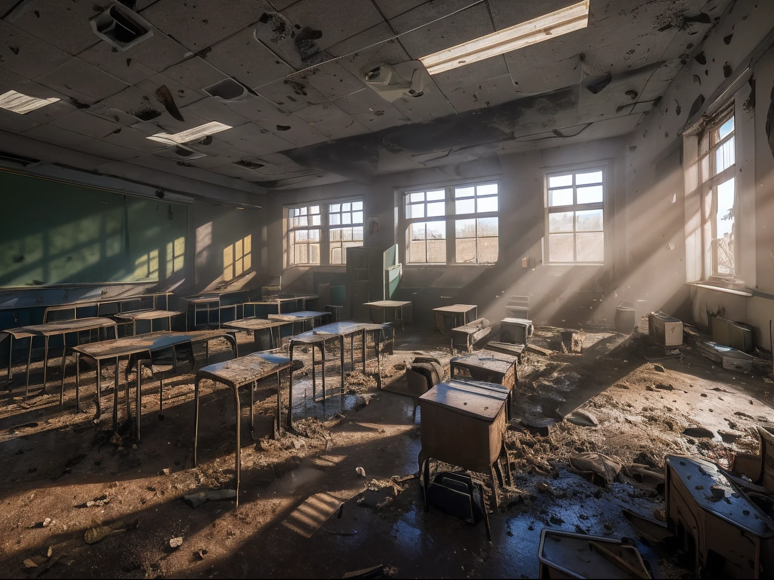 3d rendering of classroom, abandoned, dramatic color grade, mosses, an abandoned, roto, oud, accurate color grading, RVB, Sony A7 III, Sigma Art 85 mm f / 1,4 DG HSM, A perfect, sub-surface Scattering, unrealengine, dusty sun light, dystopian world、Mossy、schools