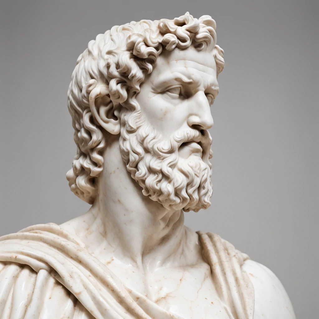 stoic greek statue like gods Hercules, polished marble texture like shiny porcelain, reusent colored dust background.