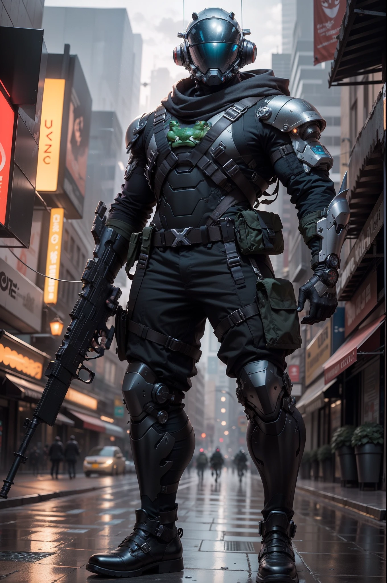 1 homem, a futuristic-looking male military commander with a fantastic ((square cyberhelmet head with blue lights)) and a pair of mechanical feet, usando um par de ((luvas cinza de ferro)), sem sapatos, Vestido em ((terno cinza FROG)), Standing in Cyberpunk City, segurando arma, segurando arma, rifle, handgun, fuzil de assalto, vestindo epTactical, foco facial, UHD, anatomicamente correto, best quality, master part, painel de corpo inteiro