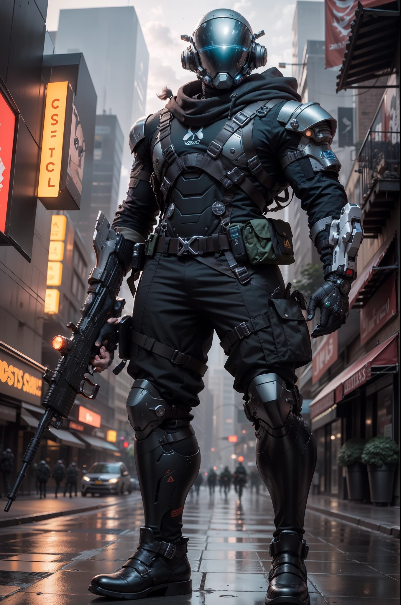 1 homem, a futuristic-looking male military commander with a fantastic ((square cyberhelmet head with blue lights)) and a pair of mechanical feet, usando um par de ((luvas cinza de ferro)), sem sapatos, Vestido em ((terno cinza FROG)), Standing in Cyberpunk City, segurando arma, segurando arma, rifle, handgun, fuzil de assalto, vestindo epTactical, foco facial, UHD, anatomicamente correto, best quality, master part, painel de corpo inteiro