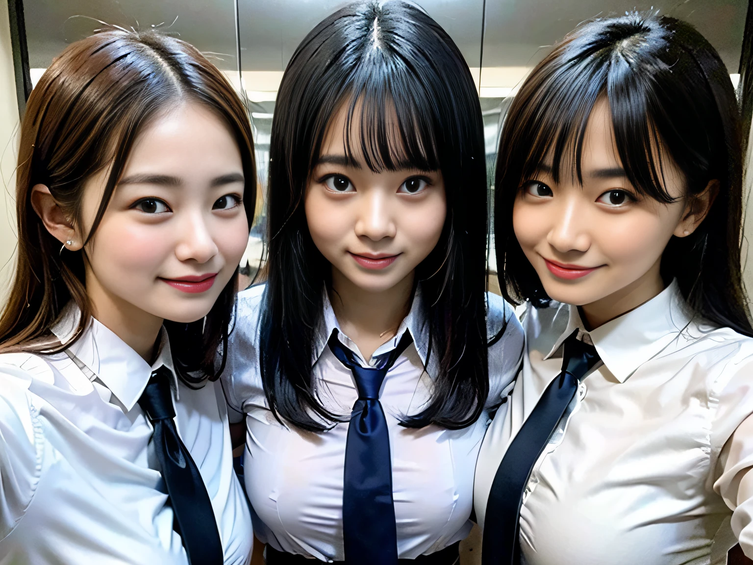 (8K, Raw photography, top-quality, ​masterpiece:1.2),  ((3 beatiful girls))、.（Realistic Skins 1.4）、（（（female high-school student、School Uniforms、）））、{{‎Classroom}}（（School Uniforms、white Cutter shirt、darkblue pleatedskirt))、（(long hair)）、（A dark-haired、The forehead is hidden by bangs、）、Black eyes、shinny skin.Beautiful delicate face、Beautiful delicate eyes、｛Voluptuous body shape、Thicker thighs｝、One piercing in each ear、((smile:1.3)),((large breasts)), ((navy blue tie)) ,looking at camera, ((close up))