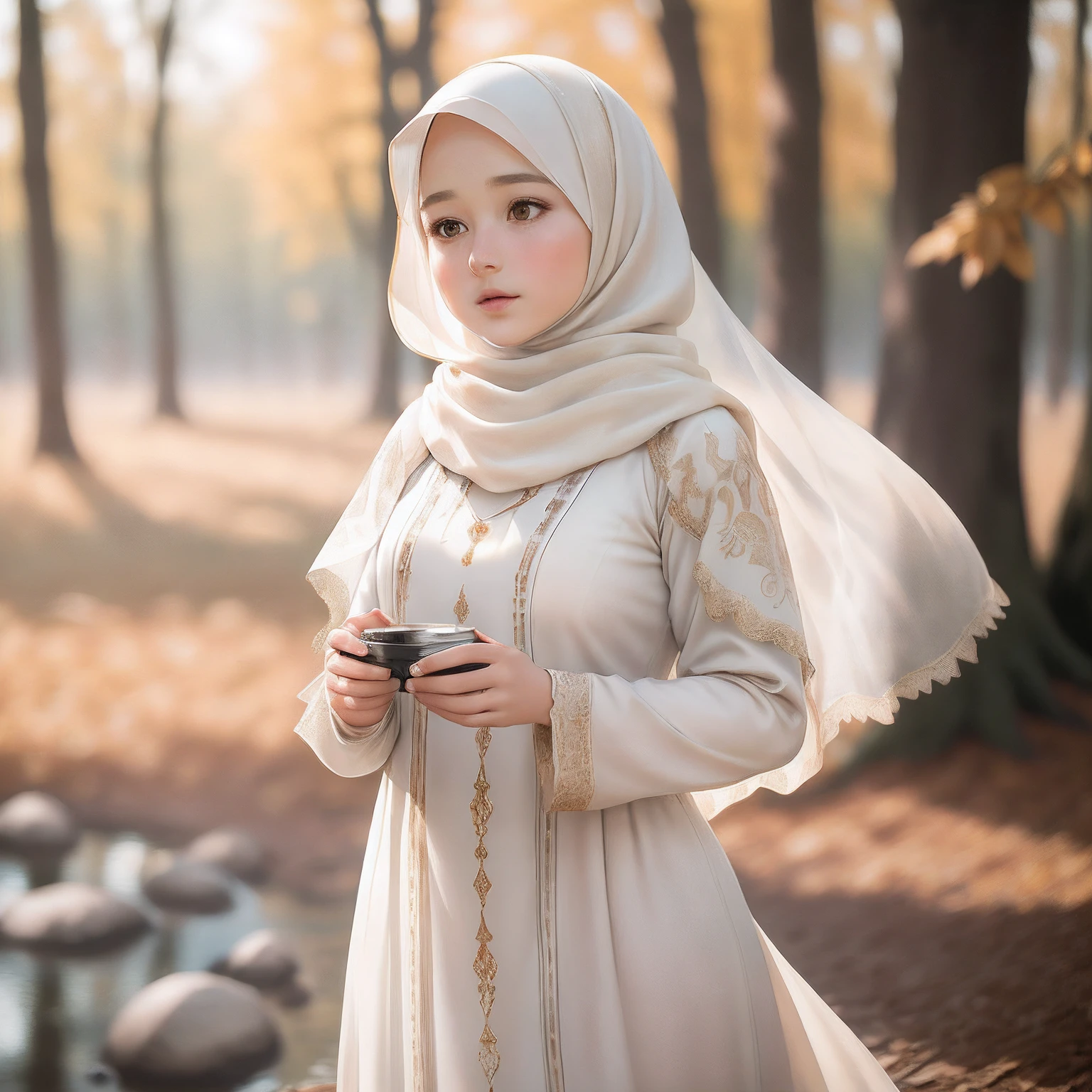 (RAW photo, best quality), (realistic, photo-realistic:1.3), 1 girl, solo girl, full body photo, extremely delicate and beautiful, Amazing, finely detail, masterpiece, ultra-detailed, highres,(best illustration), (best shadow),intricate,depth of filed, On a summer afternoon, a lovely white female muslim dress with tunic, pashmina hijabs, hijab, In the golden hues of autumn, creating a soothing sound, shine eyes, immersing herself in harmony with nature, No hair,(blurry background:1.4), sharp focus, volumetric fog, 8k UHD, high quality, (film grain:1.4), apertur f/1.4,
