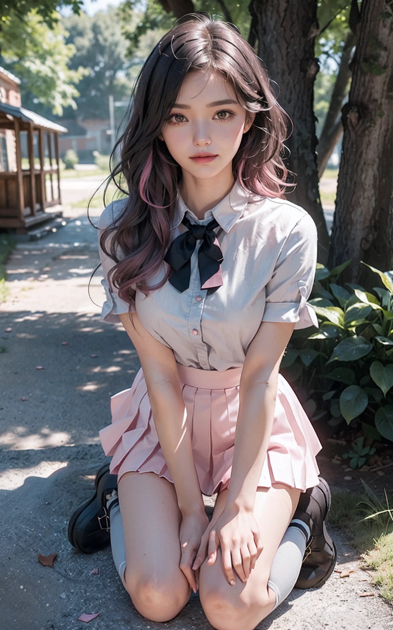 (huge breasts), (18 years old), (Very small head), Daylight, Sunlight, (Perfect Body:1.1), (short hair, wavy hair, dark brown hair, pink and blue streaked hair), ((FullBody)), (8K), (extremely delicate and beautiful), (MasterPiece), (Best Quality:1.0), (realisitic), Realistic Shadows, (High Resolution:1.0), Detailed skin, Ultra-detailed, Slim body, (Beautiful hair, Real Hair, detailed hairs), blush, Photorealistic, Realistic face, Realistic eyes, Small eyes, Happy smile, (((Colorful))), (eye liner), (mascara), (eye shadow), (high school uniform), ((pink blouse)), ((light gray skirt)), ((pleats skirt)), ((black over knee socks)), looking at viewer, back view, from behind,
