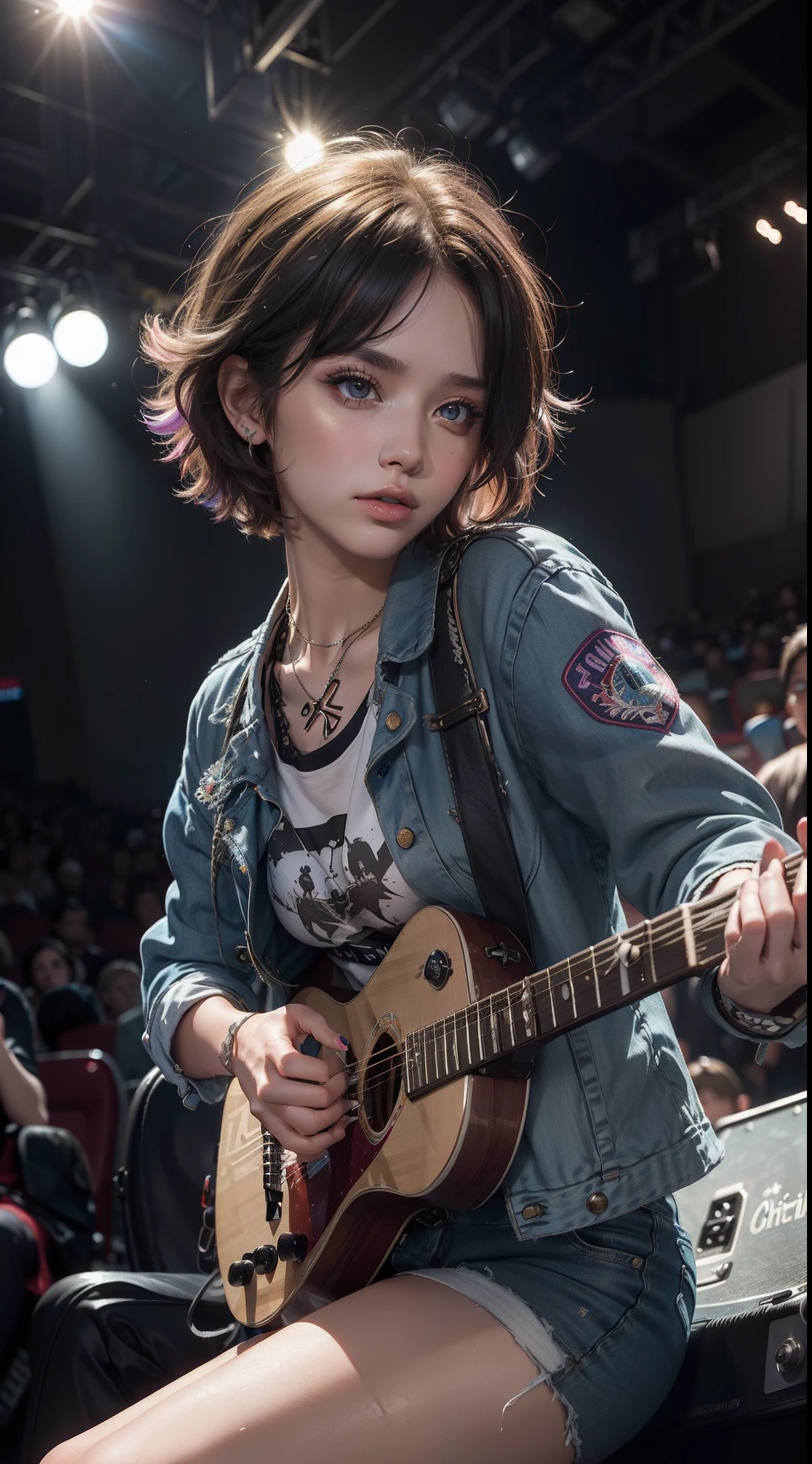 (Masterpiece, Best quality:1.4), (Beautiful, british Aesthetic, Perfect, Delicate, Intricate:1.2), (Cute, Adorable), (Depth of field:1.2), cinema shot, Bokeh, Perfect female form, (Perfect face, Detailed face, full pouty lips, Glossy lips, Makeup, eyes liner, Expressive eyes), ( a narrow waist), (Short colorful hair, Rainbow hair, Messy hair), (Short shorts, Short jacket), Punk rock chick on stage, (Playing guitar:1.4), Band on background, auditorium, Audience, Good hands, better hands,