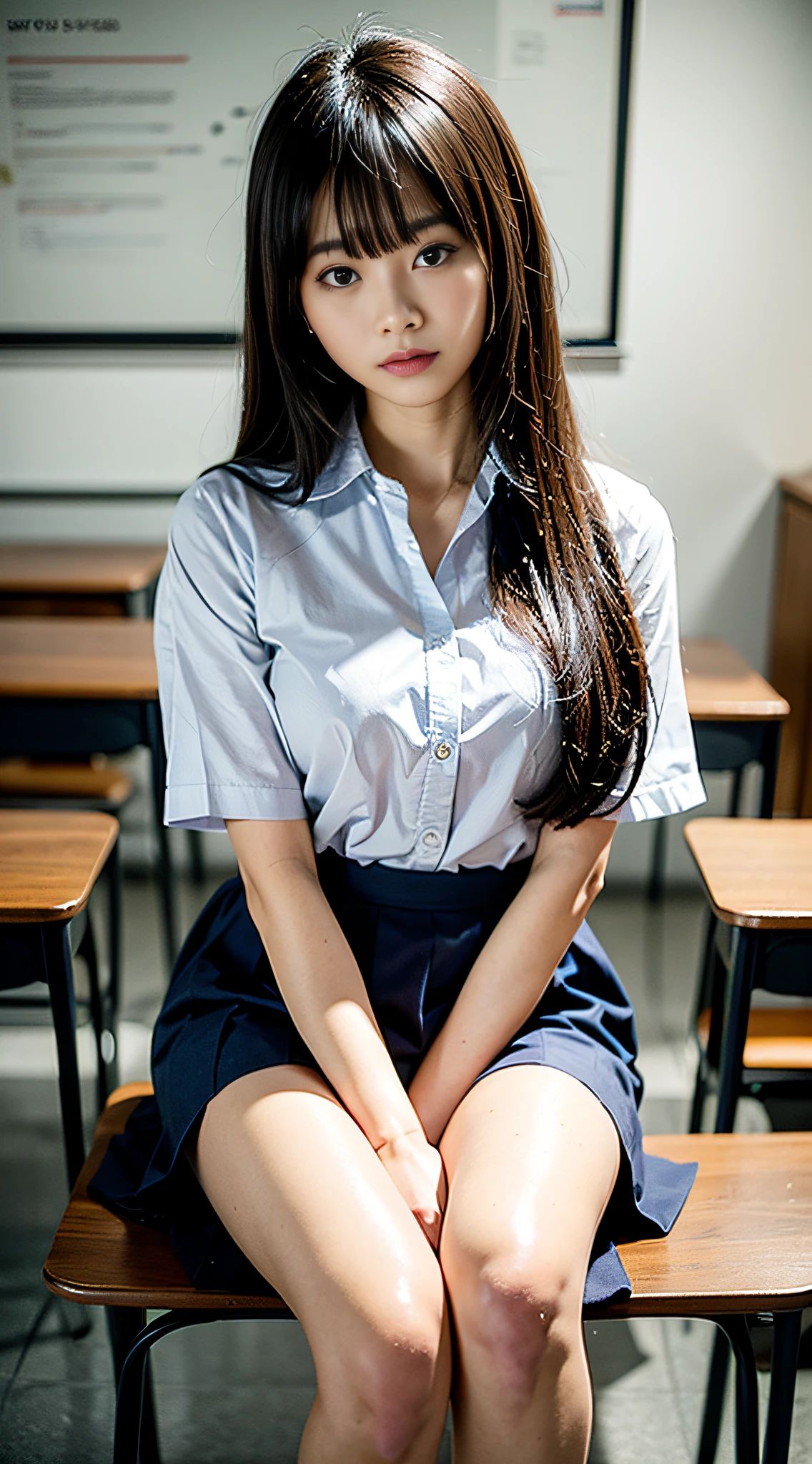 (8K, Raw photography, top-quality, ​masterpiece:1.2),  One Woman、Japan at the age of 18,fullllbody.{scinematic angle、Wide Angle}（Realistic Skins 1.4）、（（（female high-school student、School Uniforms、）））、{{‎Classroom、Sitting on a chair、}}（（School Uniforms、Cutter shirt、pleatedskirt、Slippers、））、50mm Lens、30mm film、wide angles、（long、straight haired、）、（A dark-haired、The forehead is hidden by bangs、）、Black eyes、shinny skin.Beautiful delicate face、Beautiful delicate eyes、｛tiny chest、Voluptuous body shape、Thicker thighs｝、One piercing in each ear、